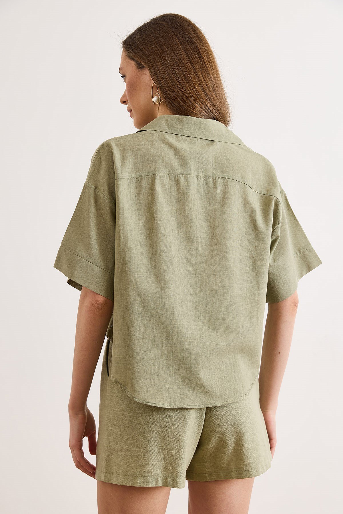 Altı Oval Loose Fit Pamuk Flam Gömlek Haki