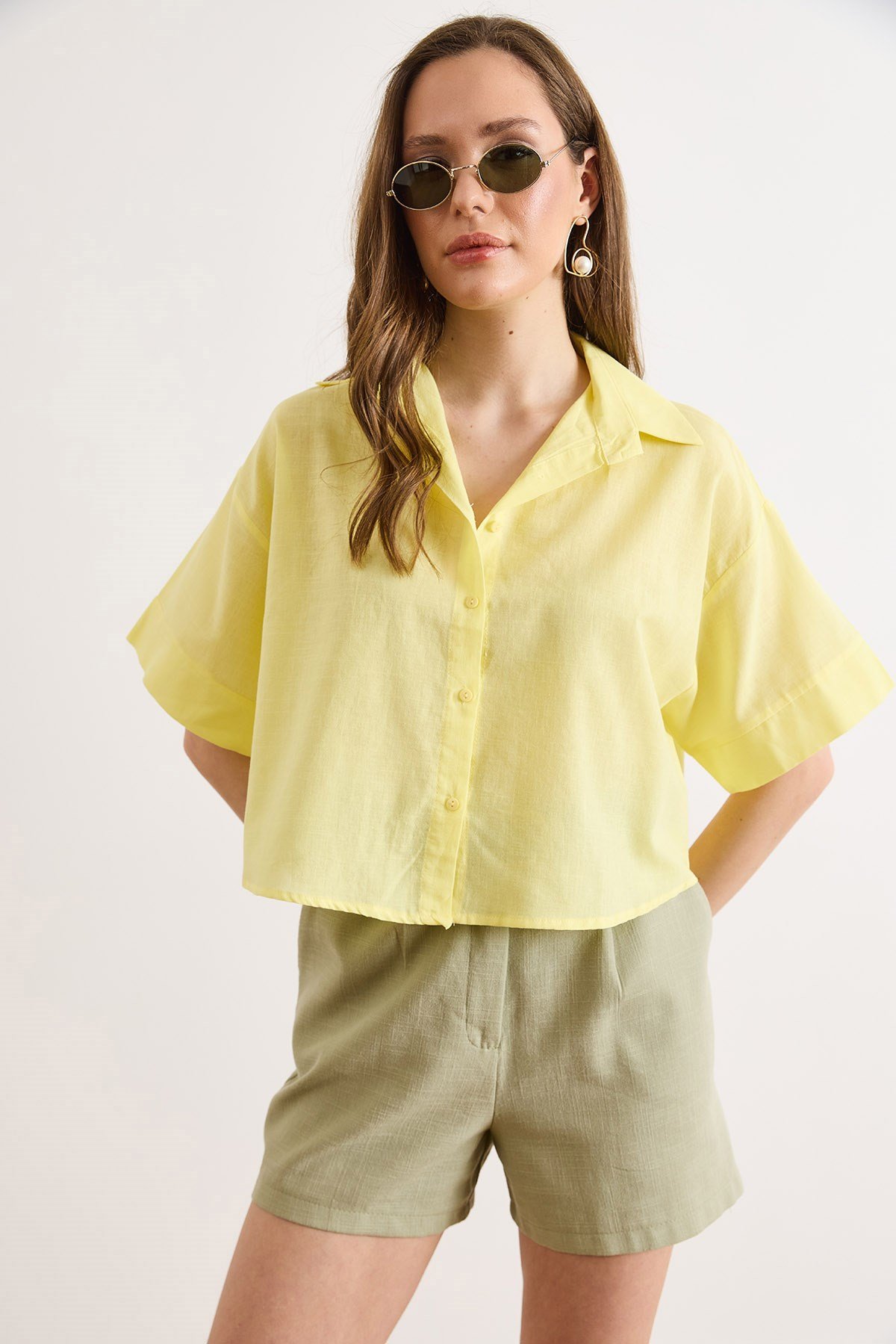 Altı Oval Loose Fit Pamuk Flam Gömlek Sarı