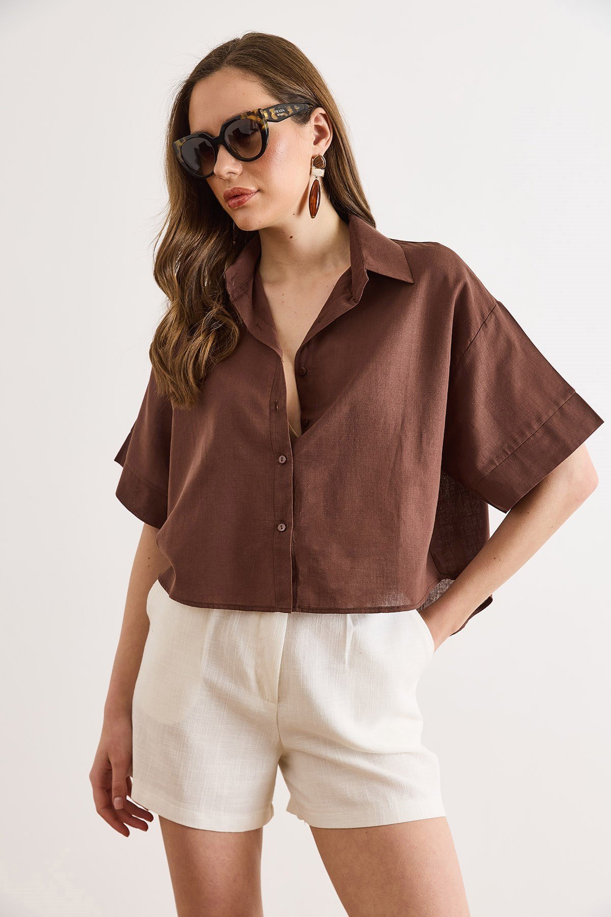 Altı Oval Loose Fit Pamuk Flam Gömlek Kahverengi