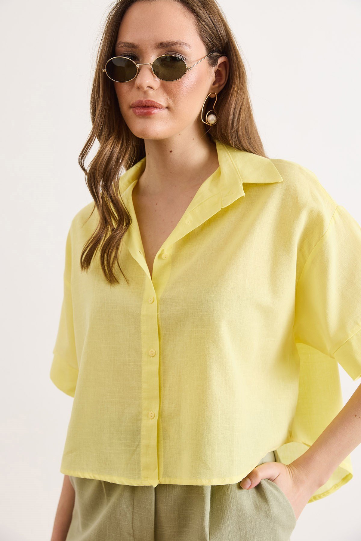 Altı Oval Loose Fit Pamuk Flam Gömlek Sarı