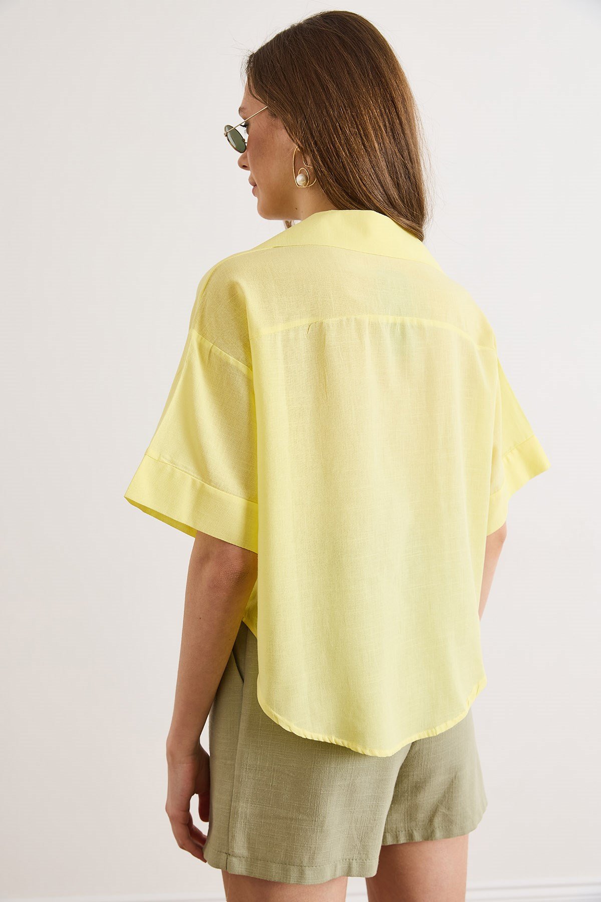 Altı Oval Loose Fit Pamuk Flam Gömlek Sarı