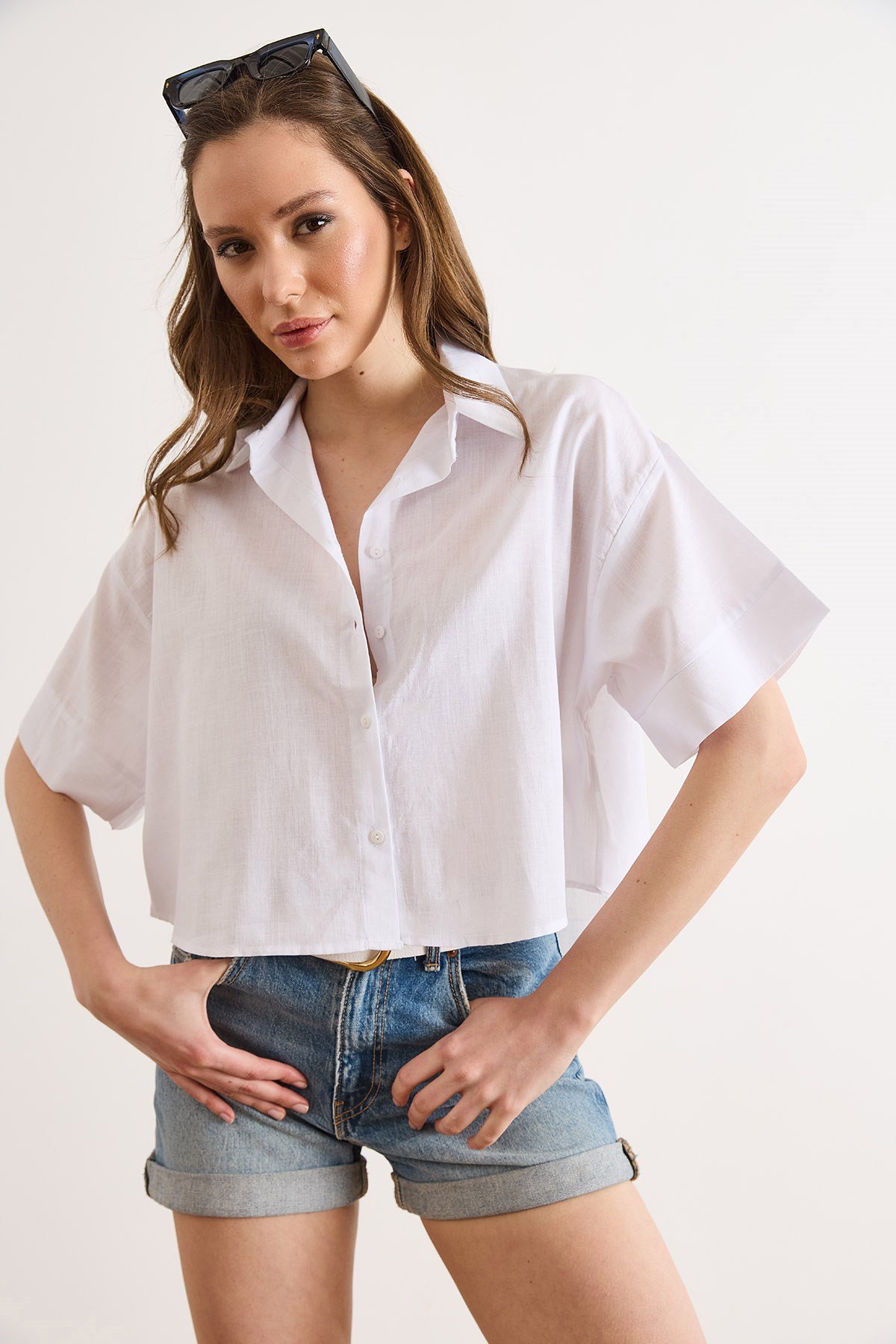 Altı Oval Loose Fit Pamuk Flam Gömlek Beyaz