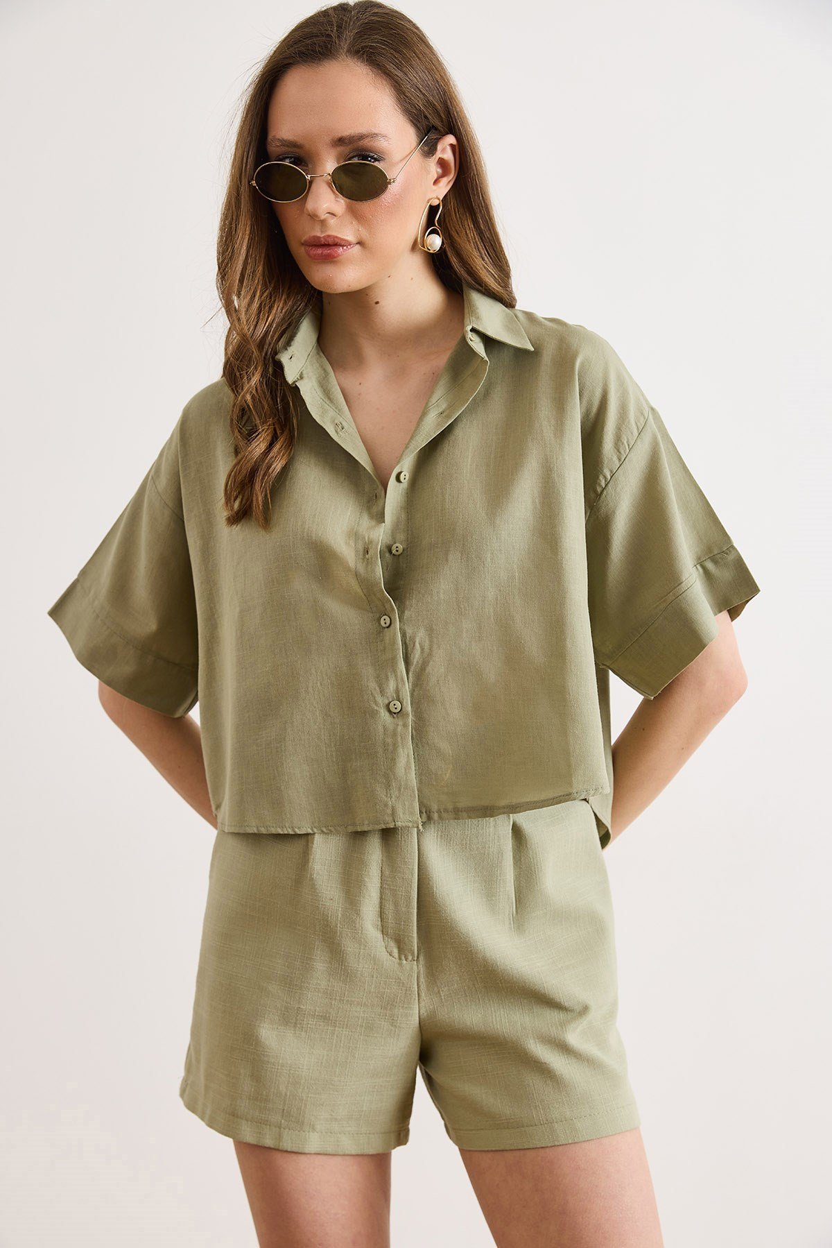 Altı Oval Loose Fit Pamuk Flam Gömlek Haki