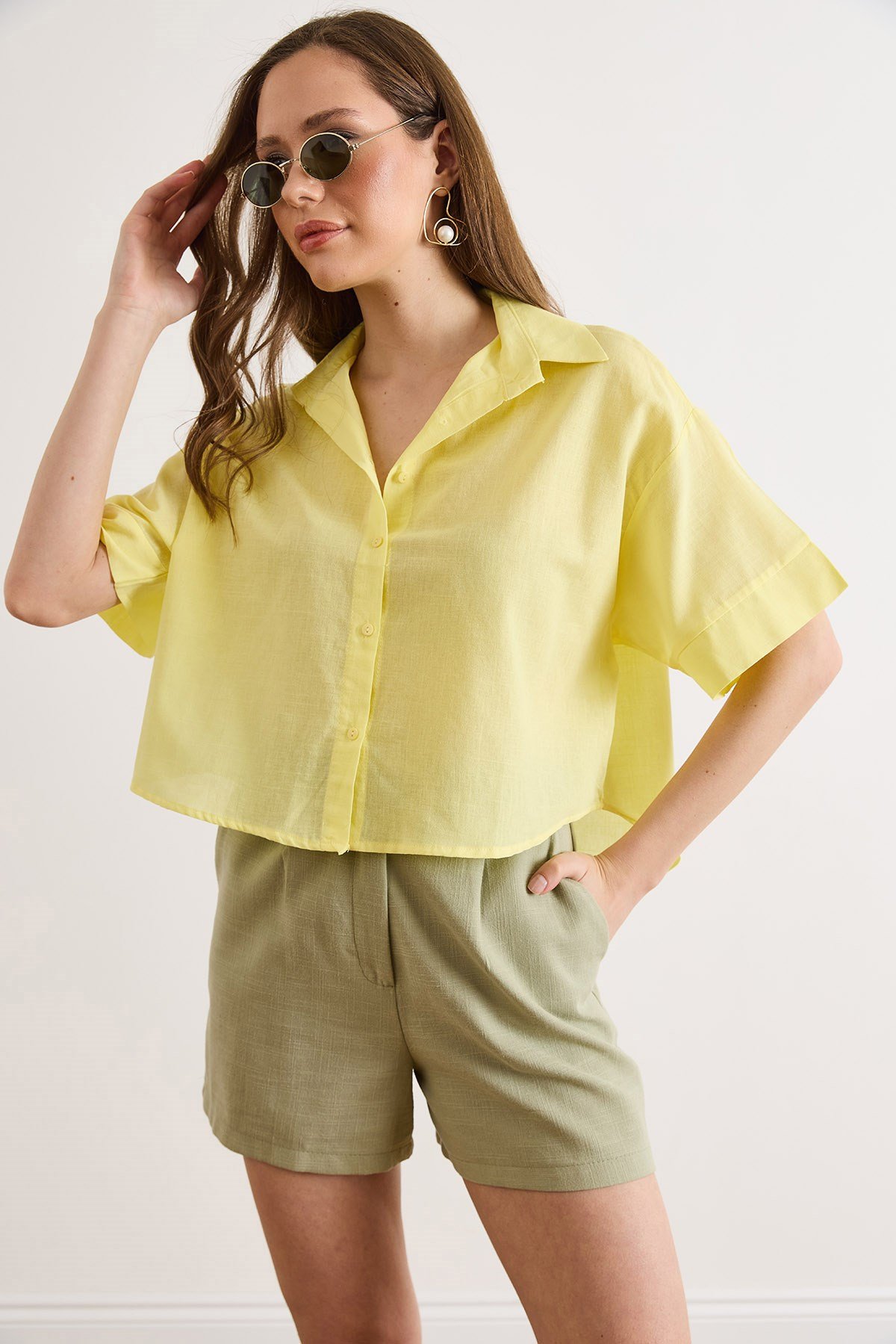 Altı Oval Loose Fit Pamuk Flam Gömlek Sarı