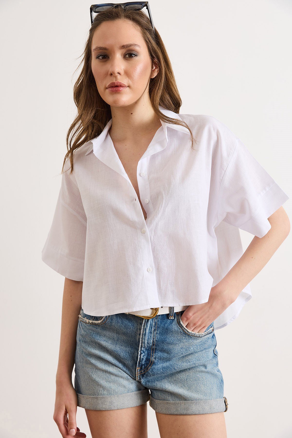 Altı Oval Loose Fit Pamuk Flam Gömlek Beyaz