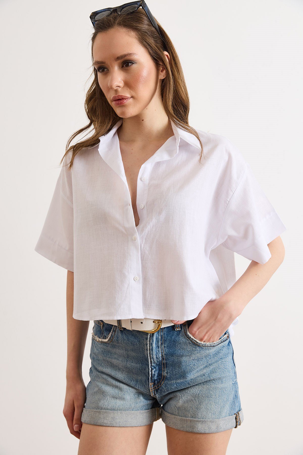 Altı Oval Loose Fit Pamuk Flam Gömlek Beyaz
