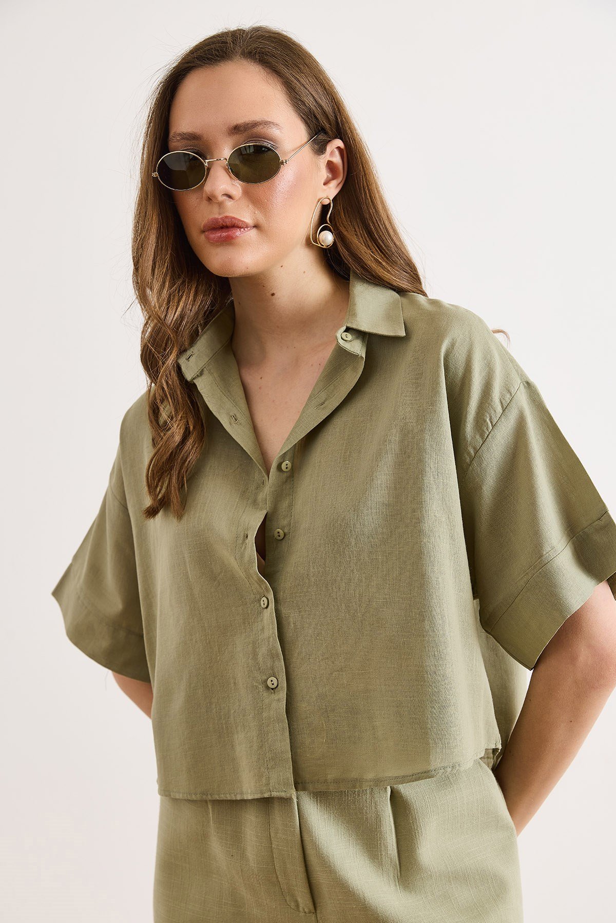 Altı Oval Loose Fit Pamuk Flam Gömlek Haki