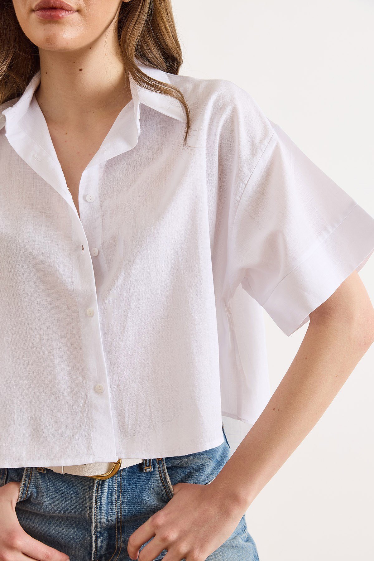 Altı Oval Loose Fit Pamuk Flam Gömlek Beyaz