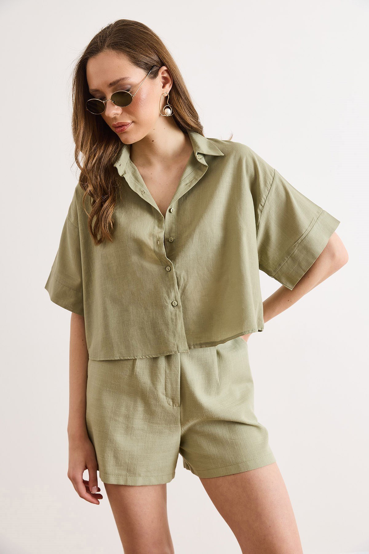 Altı Oval Loose Fit Pamuk Flam Gömlek Haki