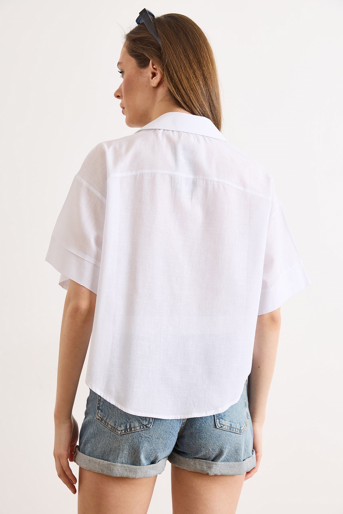 Altı Oval Loose Fit Pamuk Flam Gömlek Beyaz