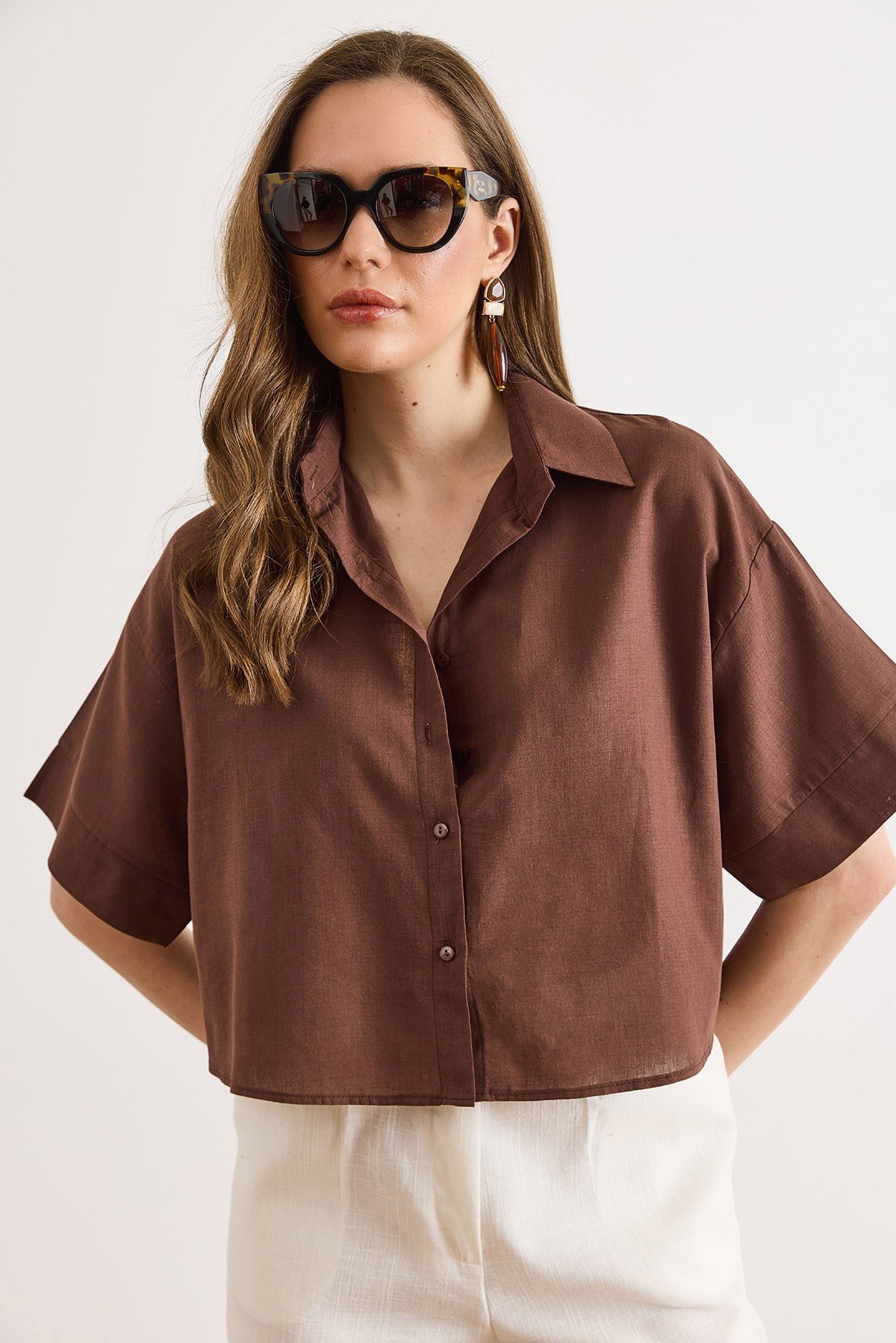 Altı Oval Loose Fit Pamuk Flam Gömlek Kahverengi