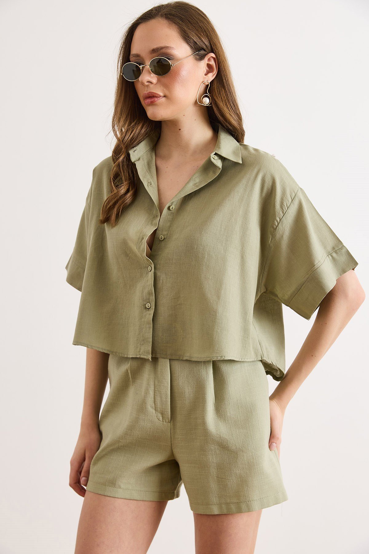 Altı Oval Loose Fit Pamuk Flam Gömlek Haki