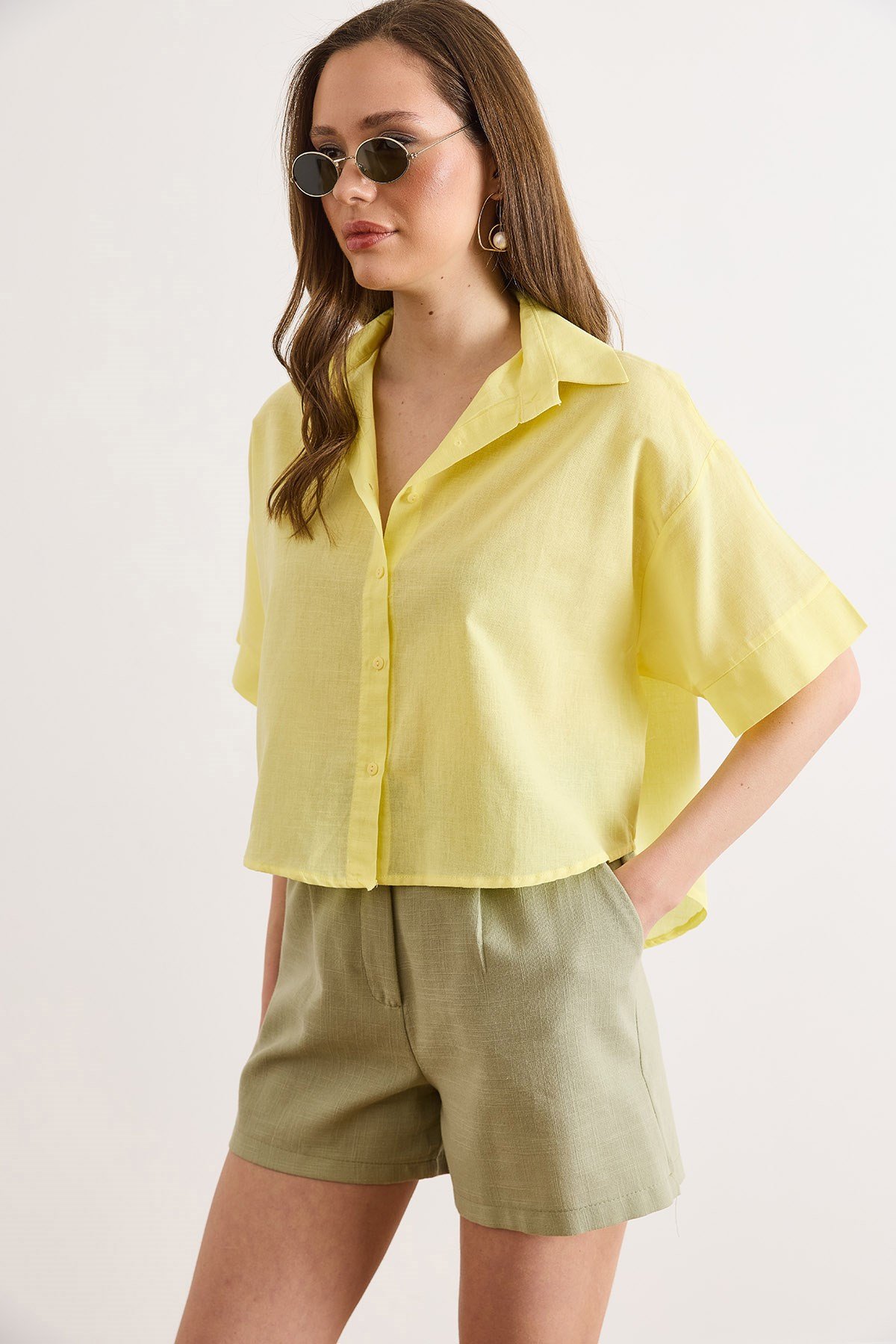 Altı Oval Loose Fit Pamuk Flam Gömlek Sarı