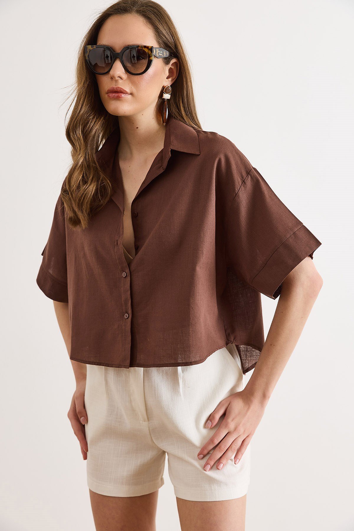 Altı Oval Loose Fit Pamuk Flam Gömlek Kahverengi