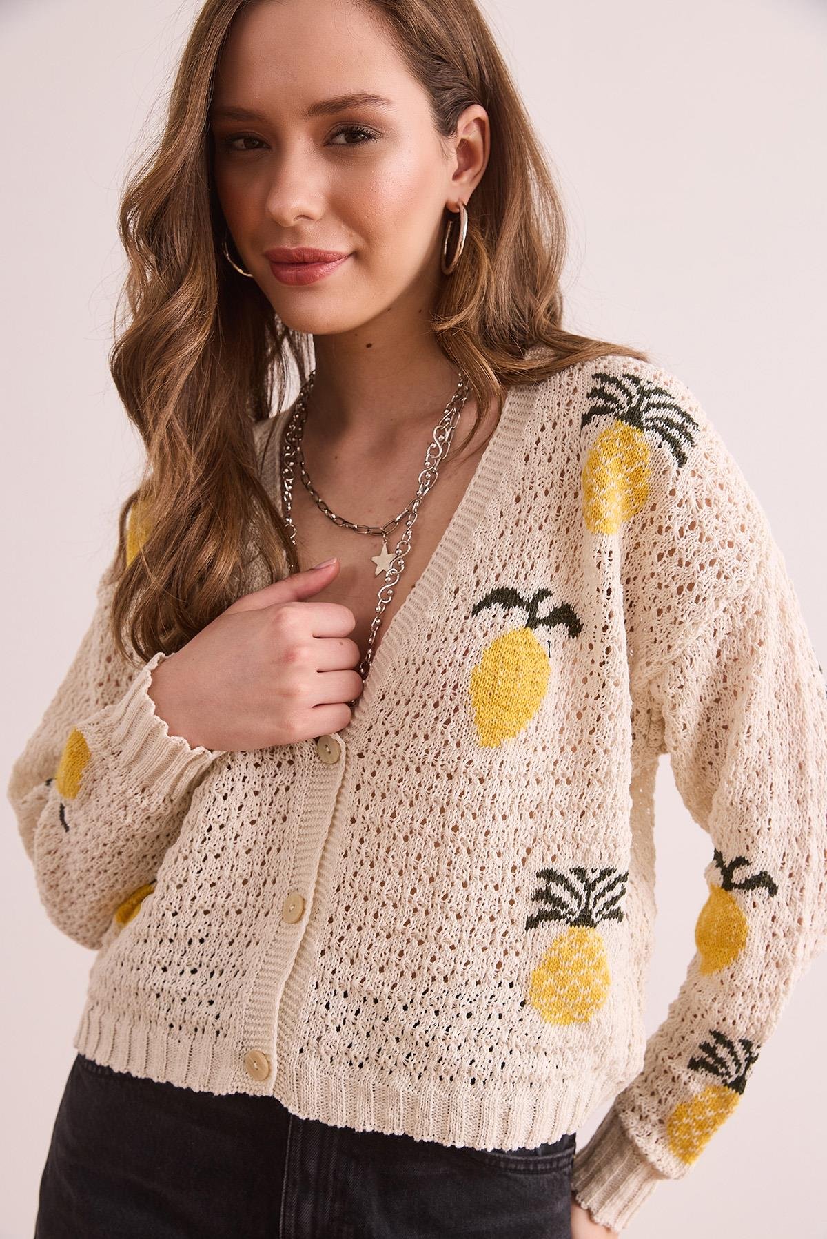 Ananas Motifli Ajurlu Crop Hırka Ekru