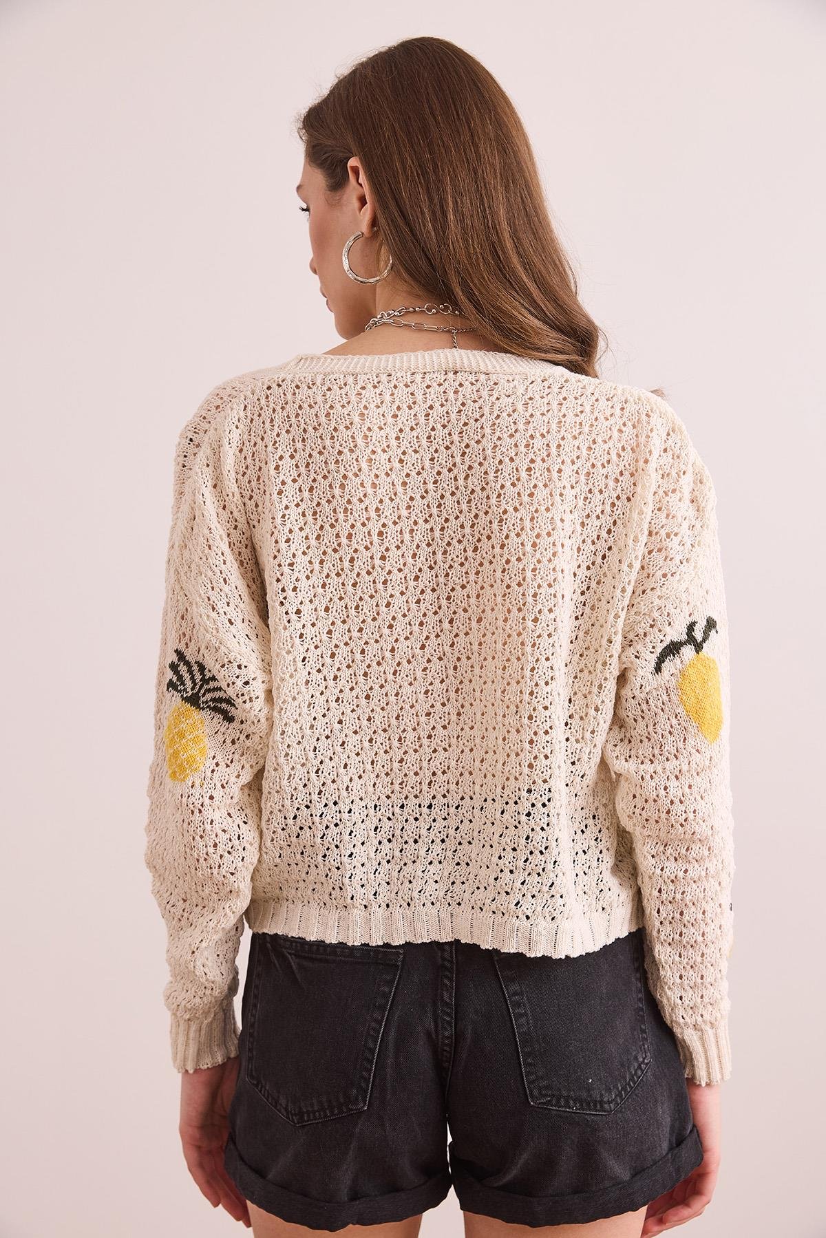 Ananas Motifli Ajurlu Crop Hırka Ekru