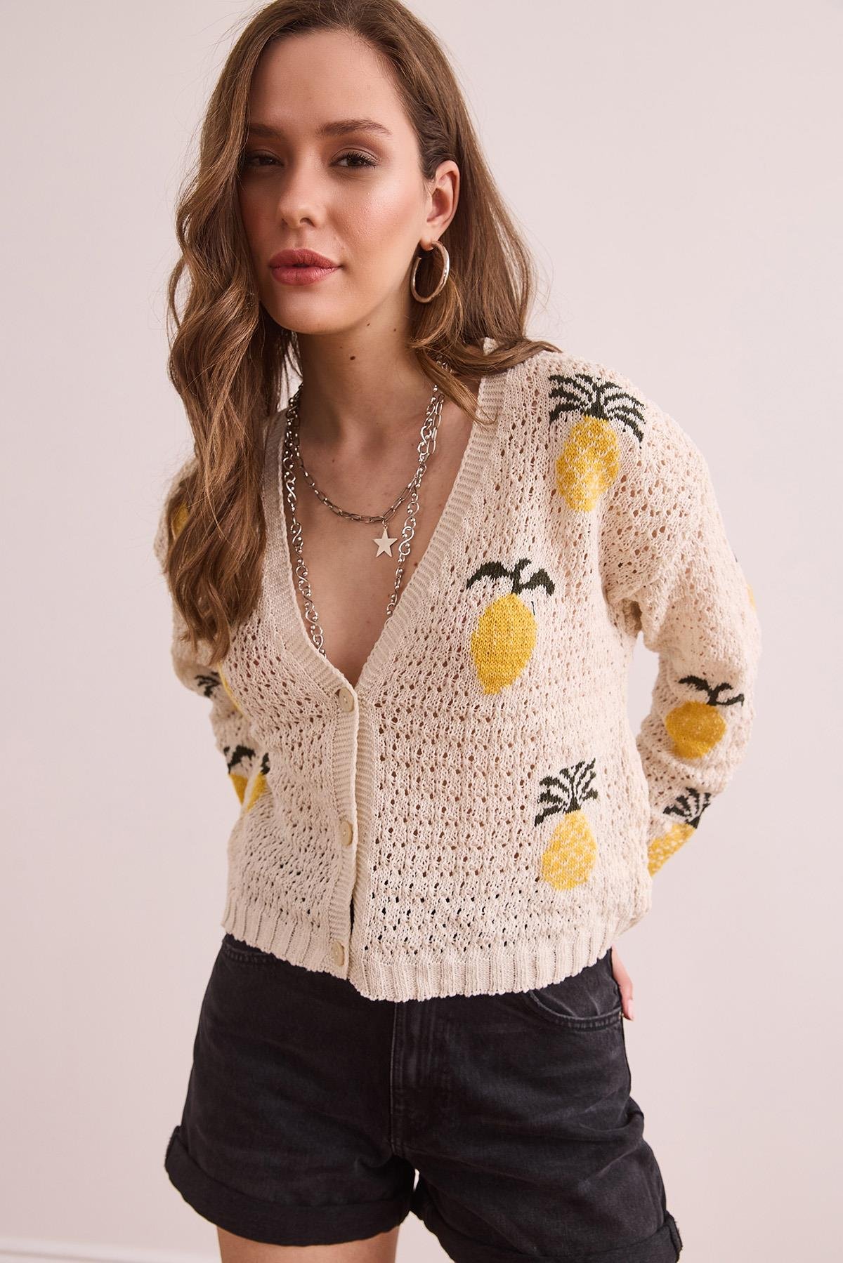 Ananas Motifli Ajurlu Crop Hırka Ekru