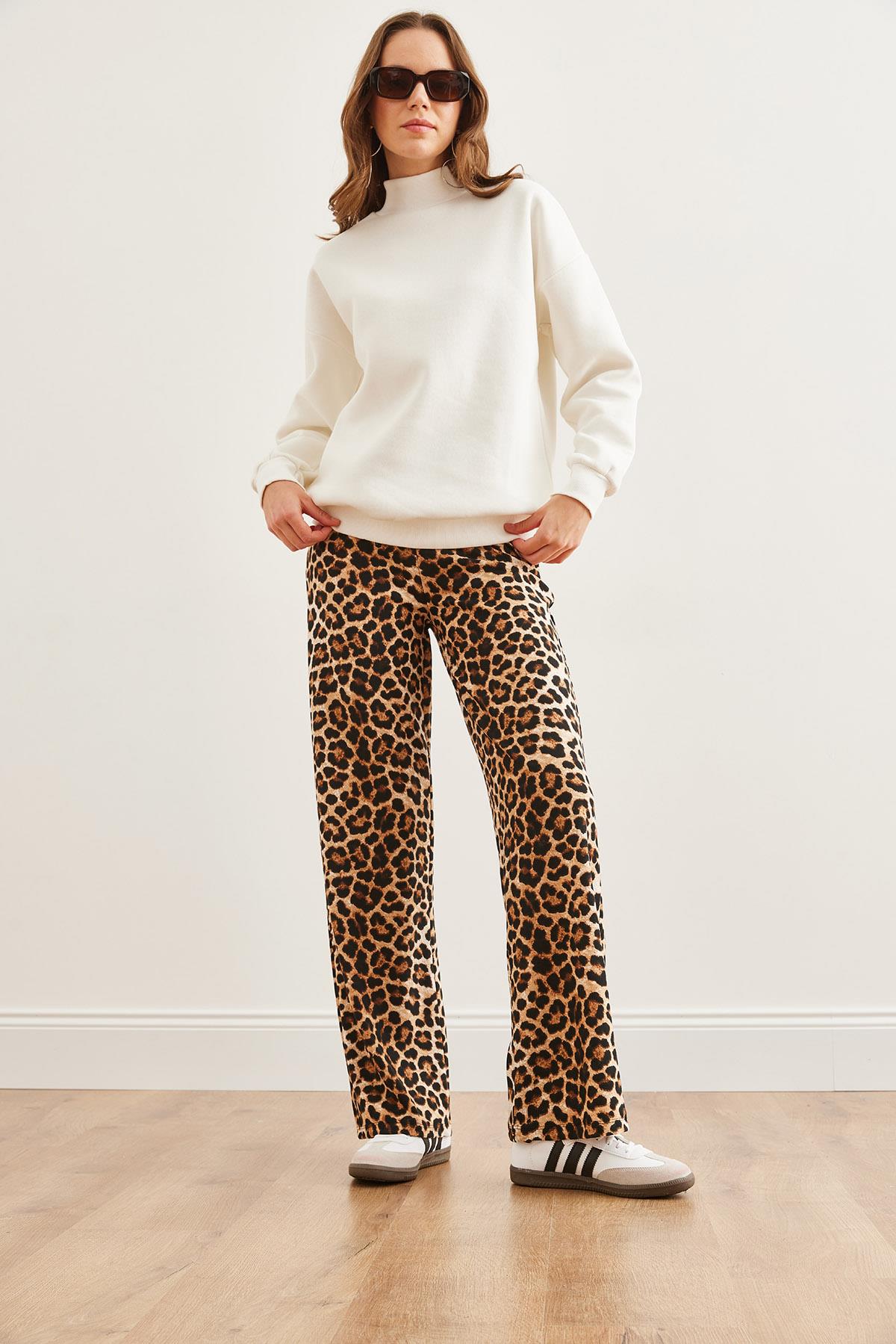 Animal Print Bol Paça Pantolon Leopar Kahve