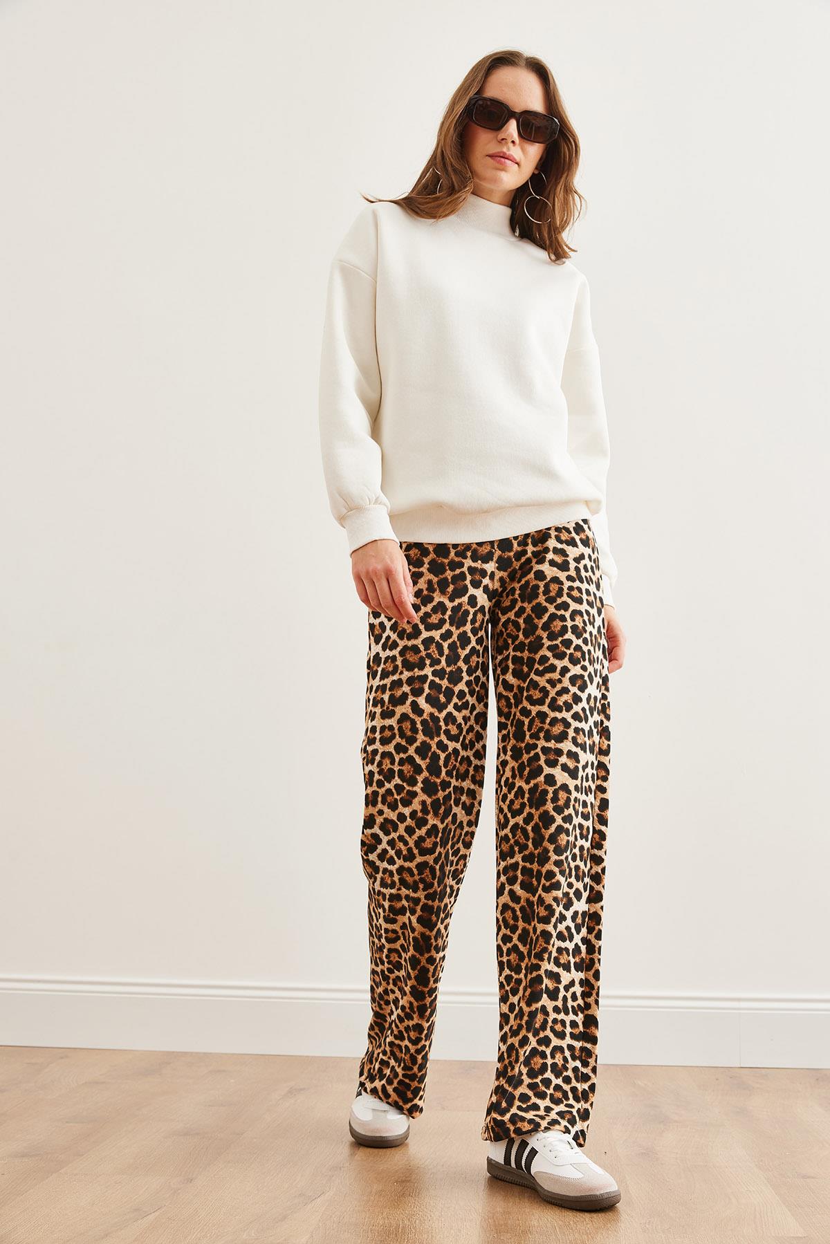 Animal Print Bol Paça Pantolon Leopar Kahve