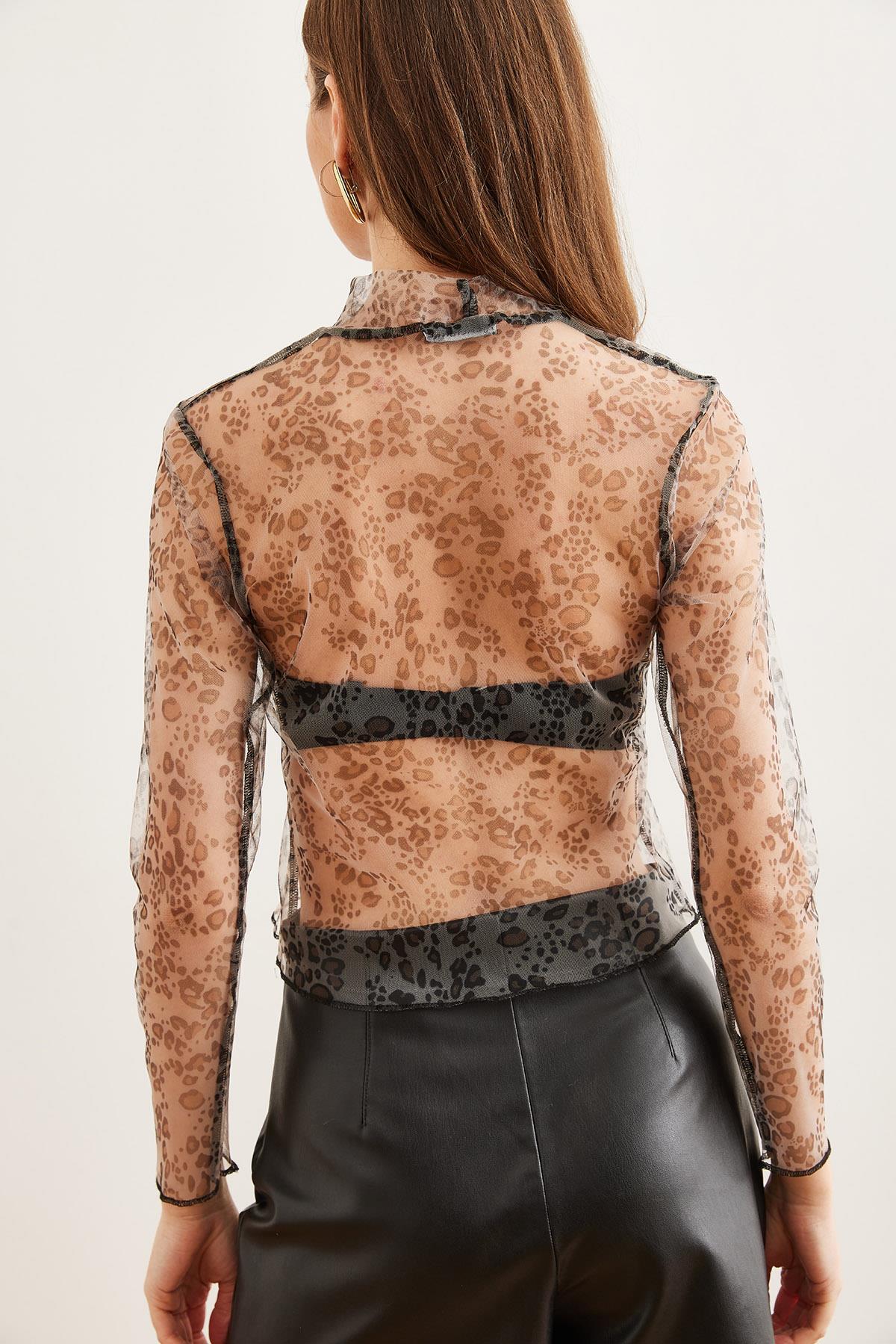 Animal Print Tül Bluz Ekru Leopar