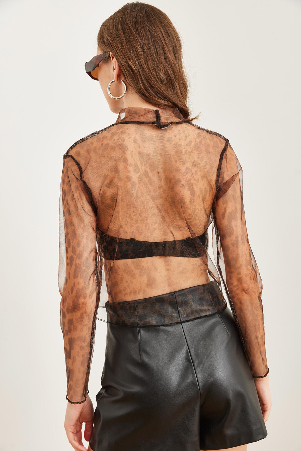 Animal Print Tül Bluz Kahve Leopar