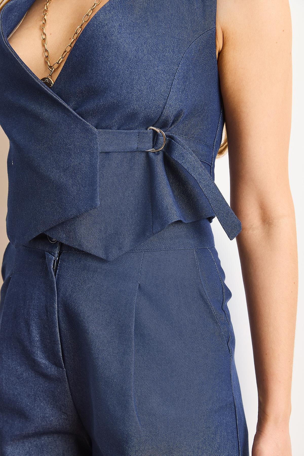 Anvelop Yaka Astarlı Denim Yelek Lacivert