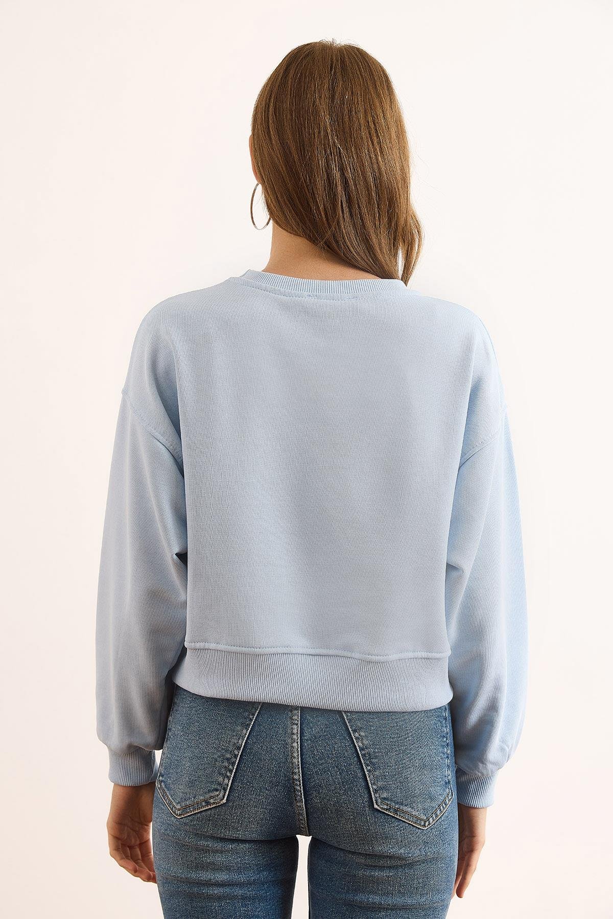 Aplike Detaylı Şardonsuz Kalın Crop Sweatshirt Bebe Mavi