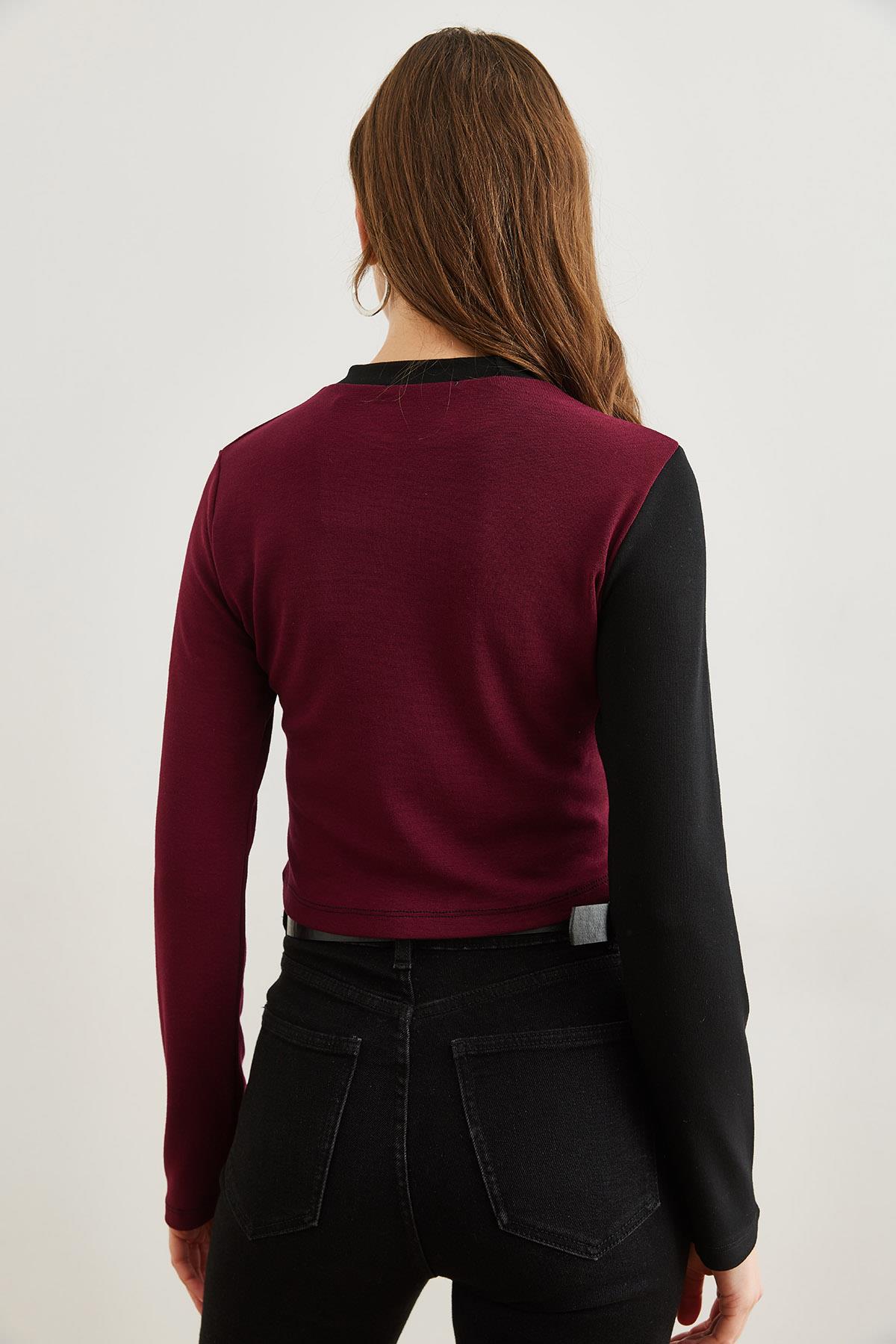 Asimetrik Bloklu Soft Touch Esnek Bluz Bordo Siyah