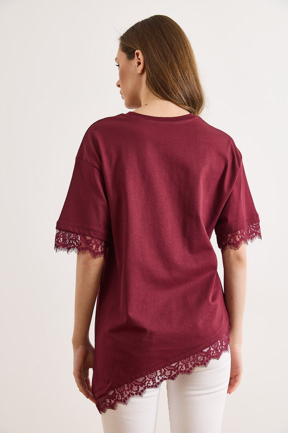 Asimetrik Dantel Detaylı Pamuk Tunik Tişört Bordo
