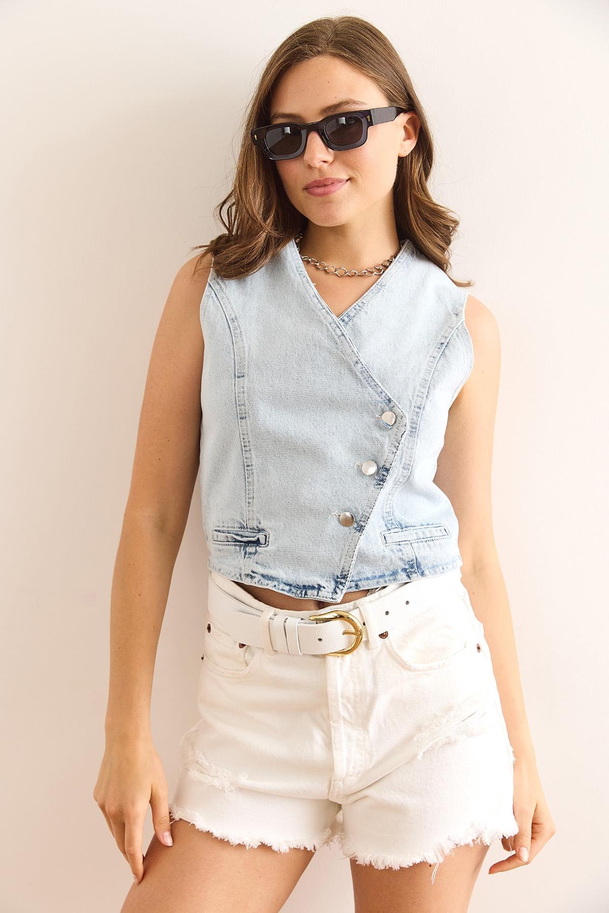 Asimetrik Kapama Pamuk Denim Yelek Mavi