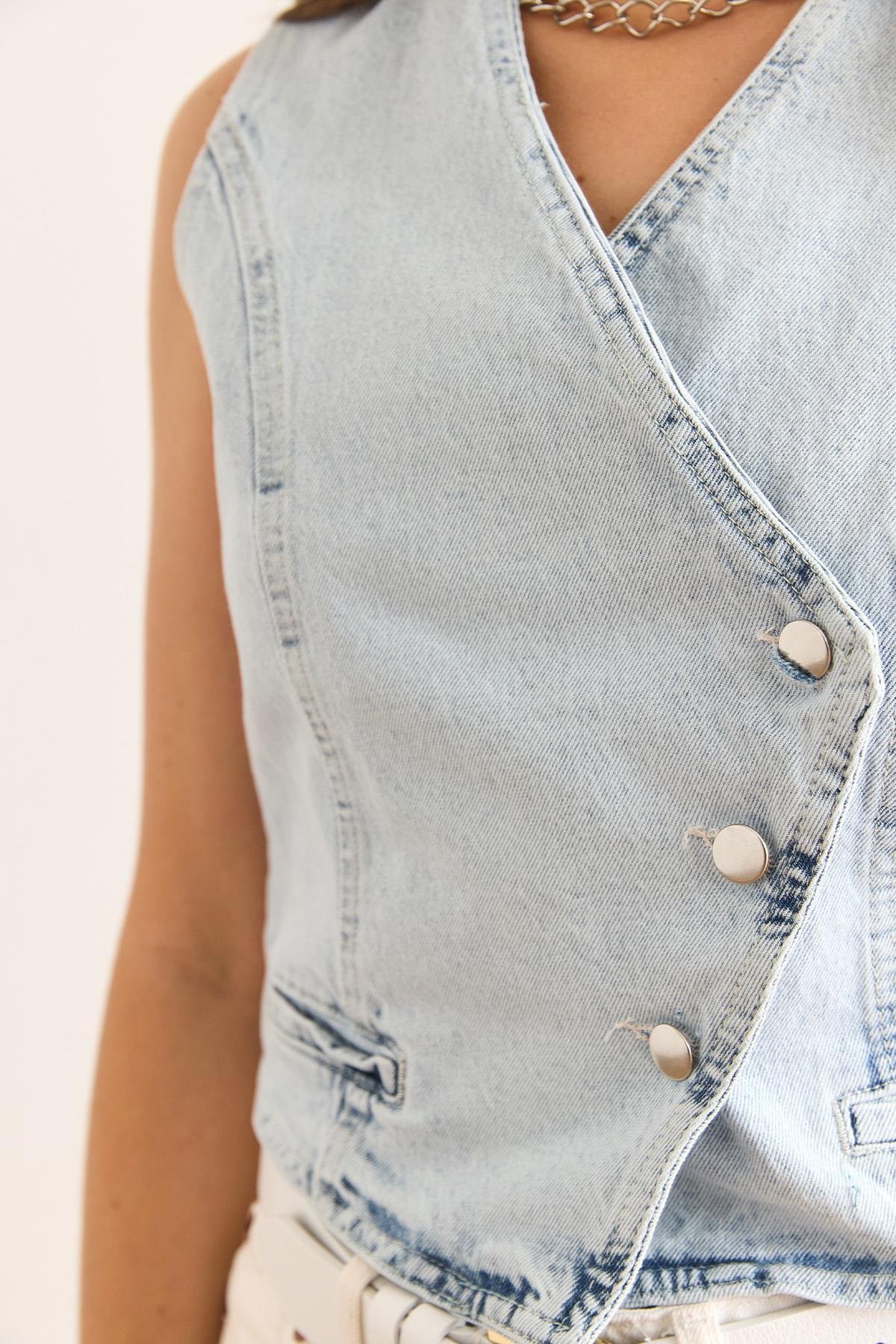 Asimetrik Kapama Pamuk Denim Yelek Mavi