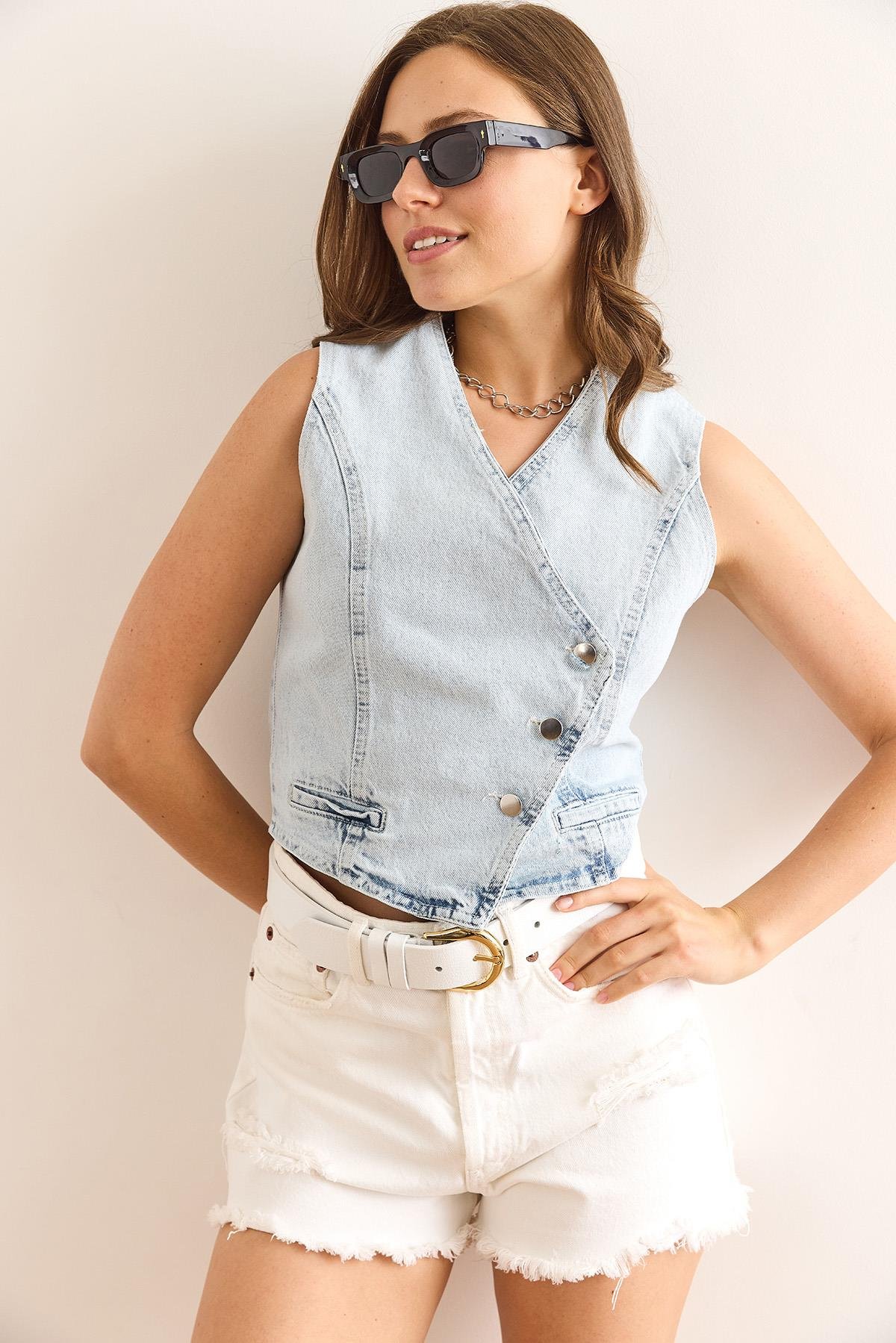 Asimetrik Kapama Pamuk Denim Yelek Mavi