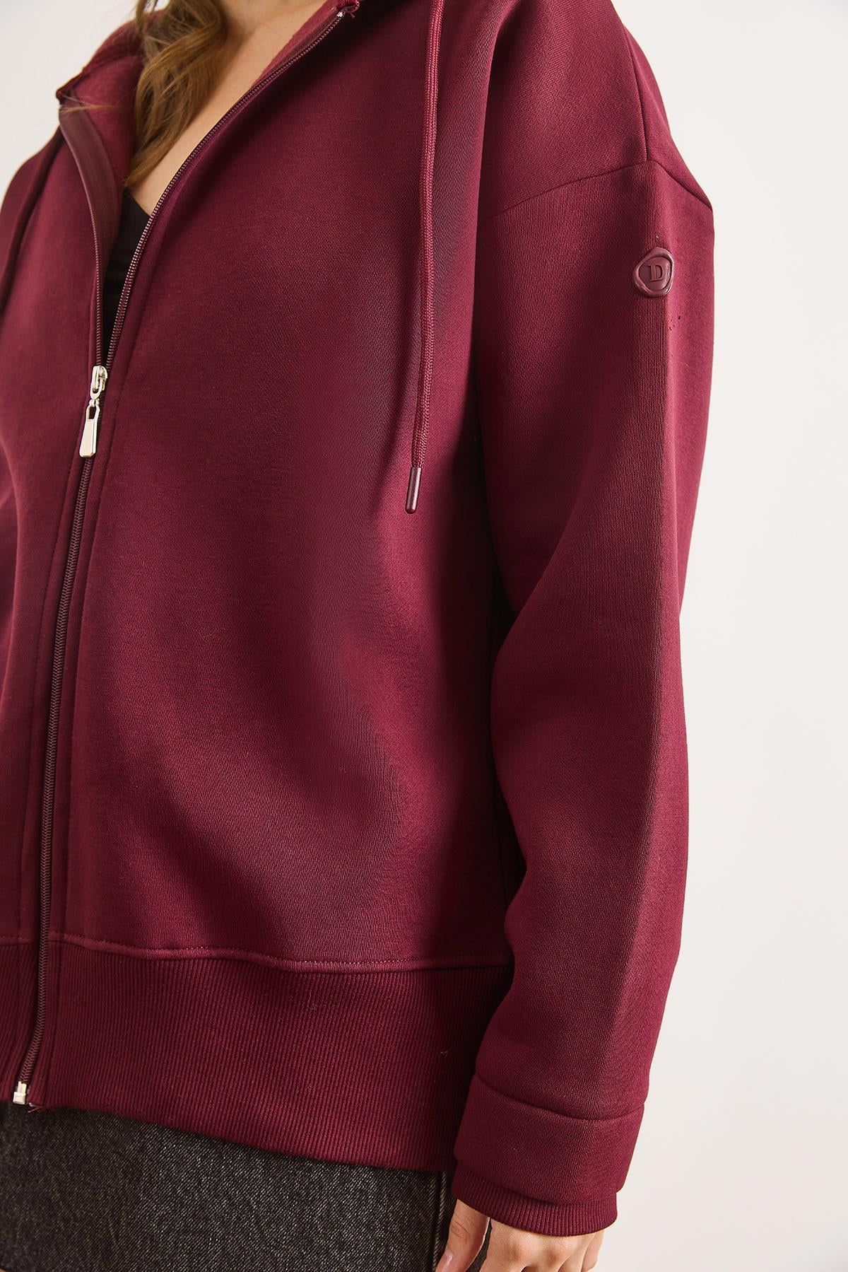 Asimetrik Ribanalı Manşet Detaylı Oversize Sweatshirt Bordo