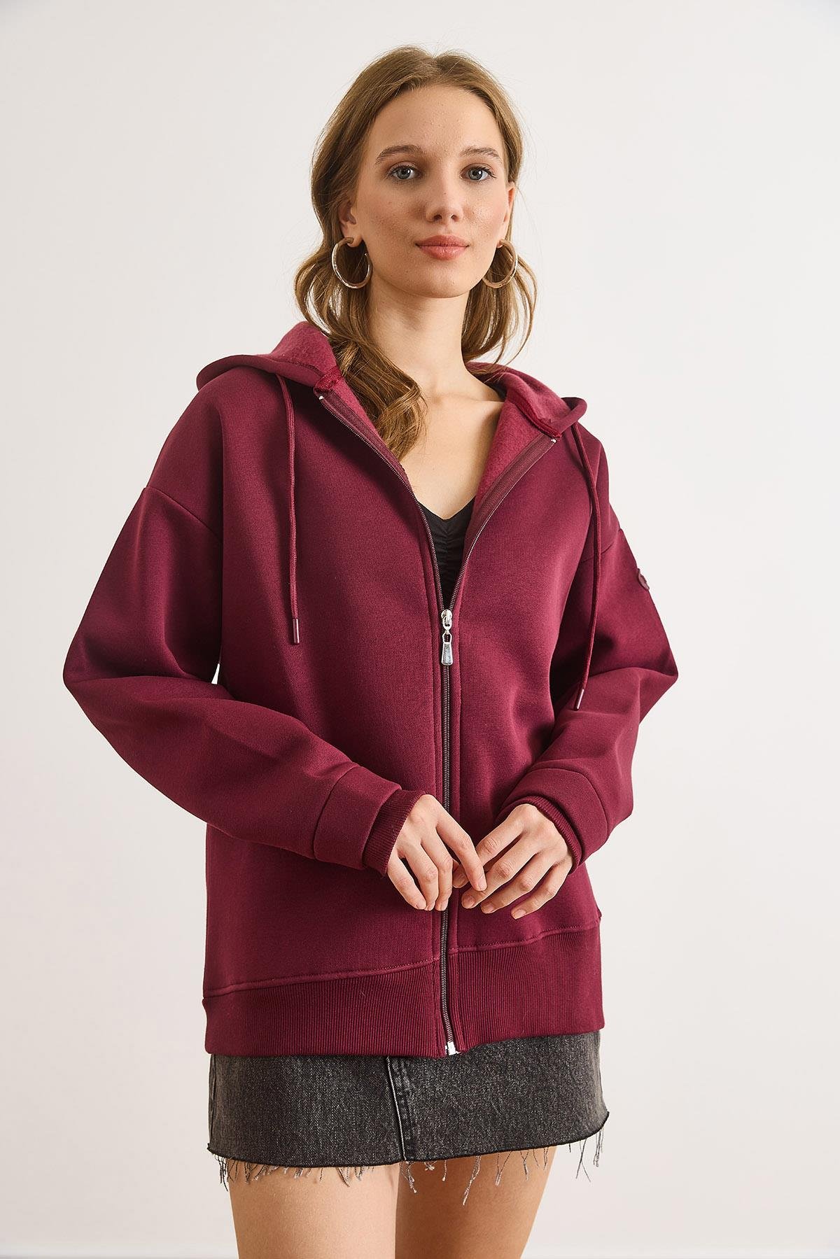 Asimetrik Ribanalı Manşet Detaylı Oversize Sweatshirt Bordo
