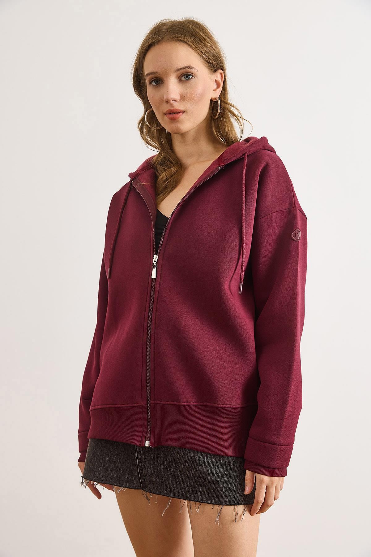 Asimetrik Ribanalı Manşet Detaylı Oversize Sweatshirt Bordo
