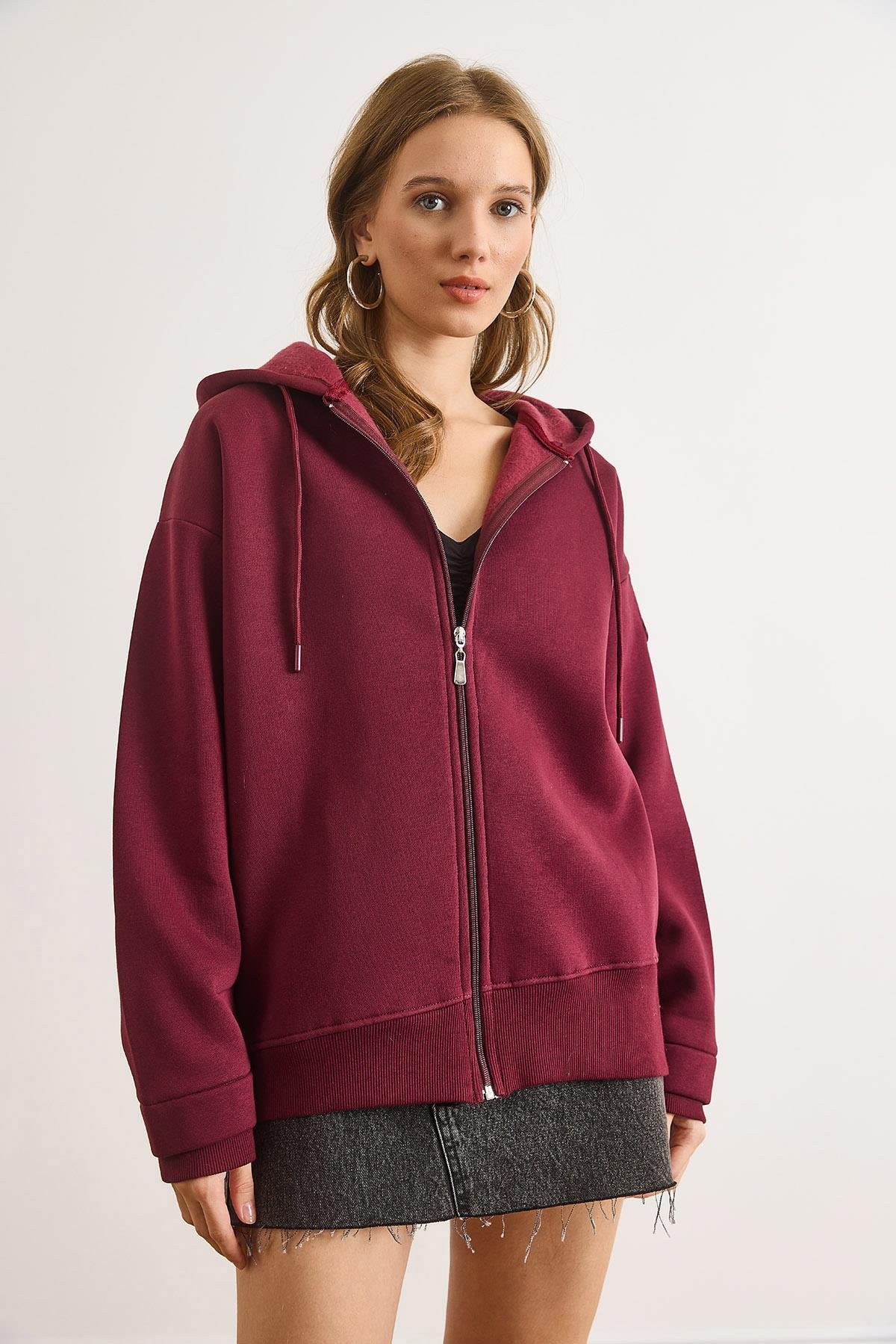 Asimetrik Ribanalı Manşet Detaylı Oversize Sweatshirt Bordo