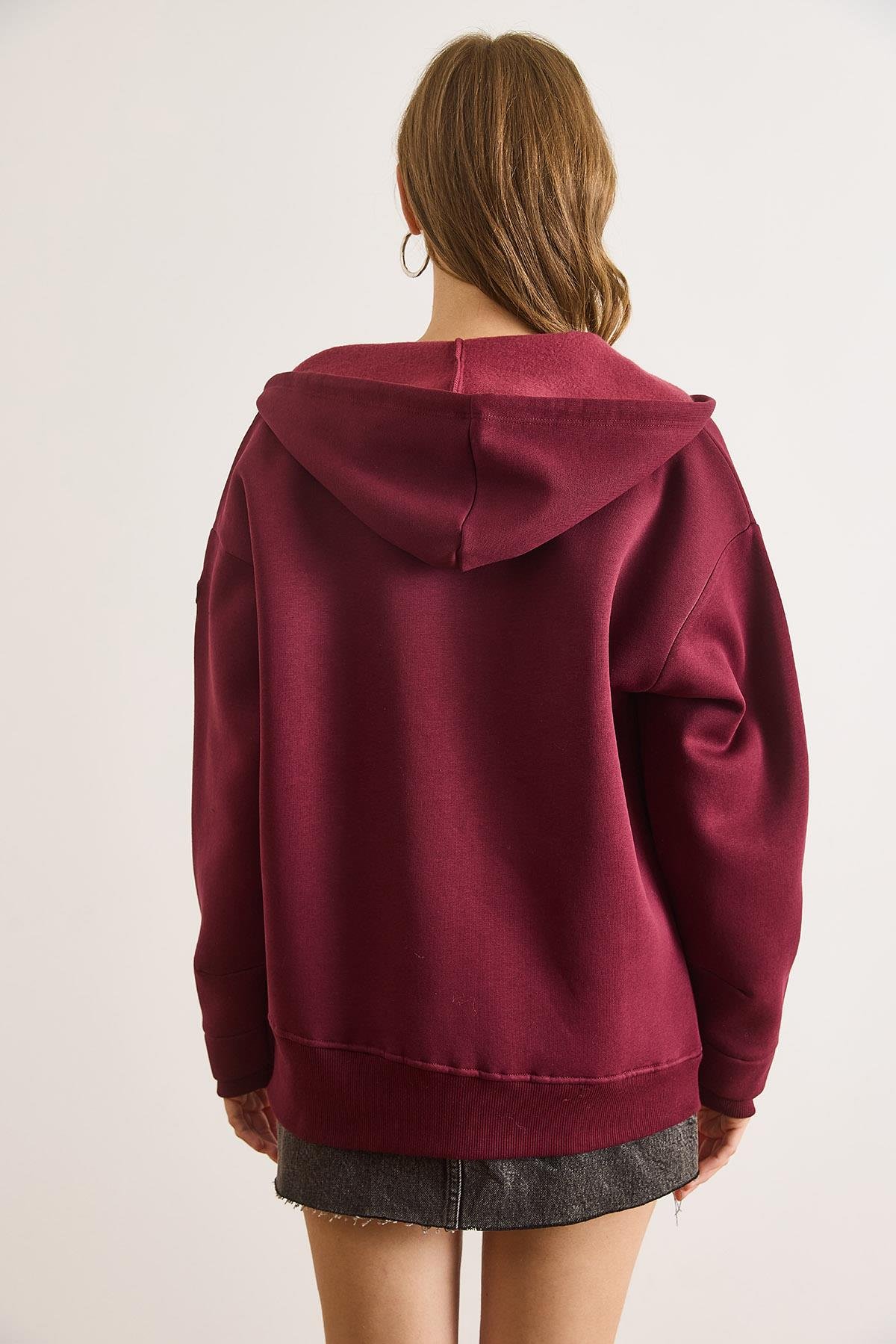 Asimetrik Ribanalı Manşet Detaylı Oversize Sweatshirt Bordo