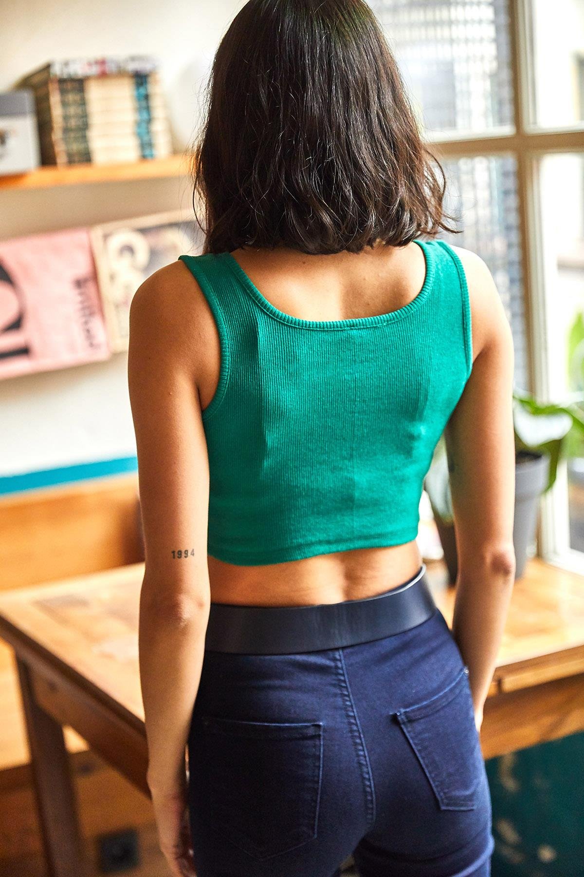 Askılı 2'li Likralı Örme Crop Bluz Yeşil Kırmızı