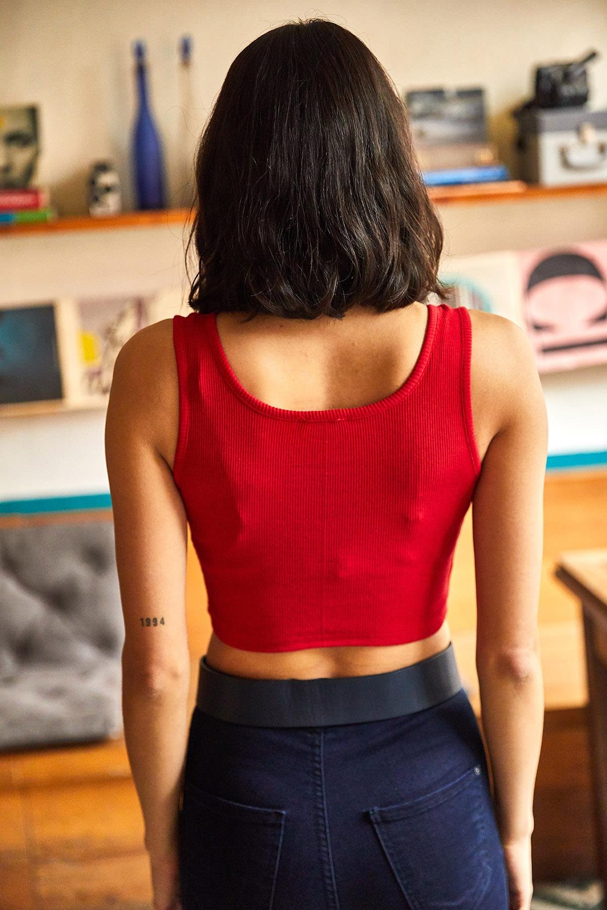 Askılı 2'li Likralı Örme Crop Bluz Yeşil Kırmızı
