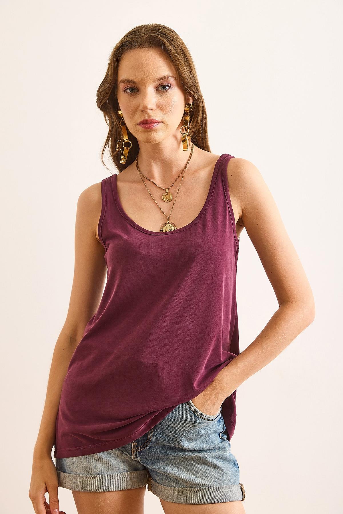 Askılı Dökümlü Modal Bluz Bordo