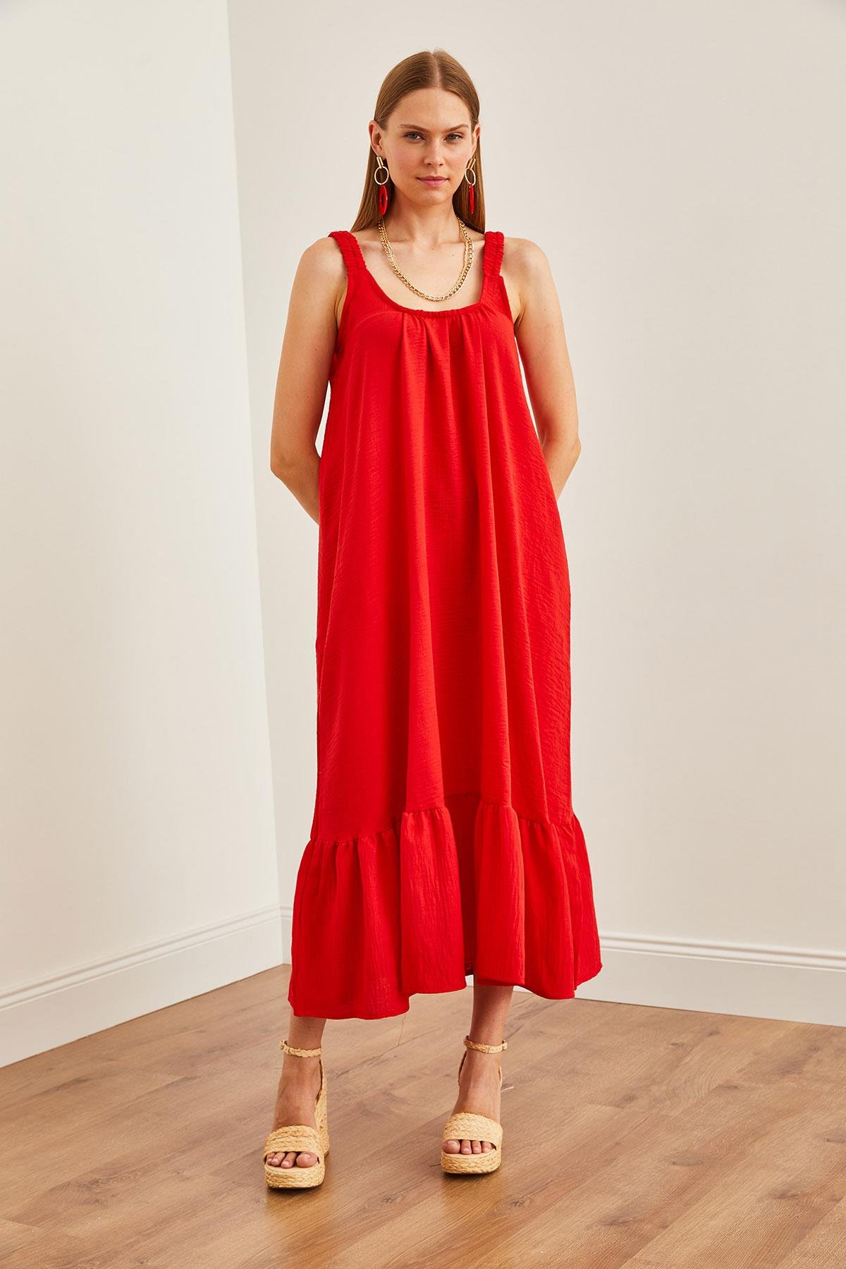 Askılı Oversize Maxi Dokuma Elbise Kırmızı