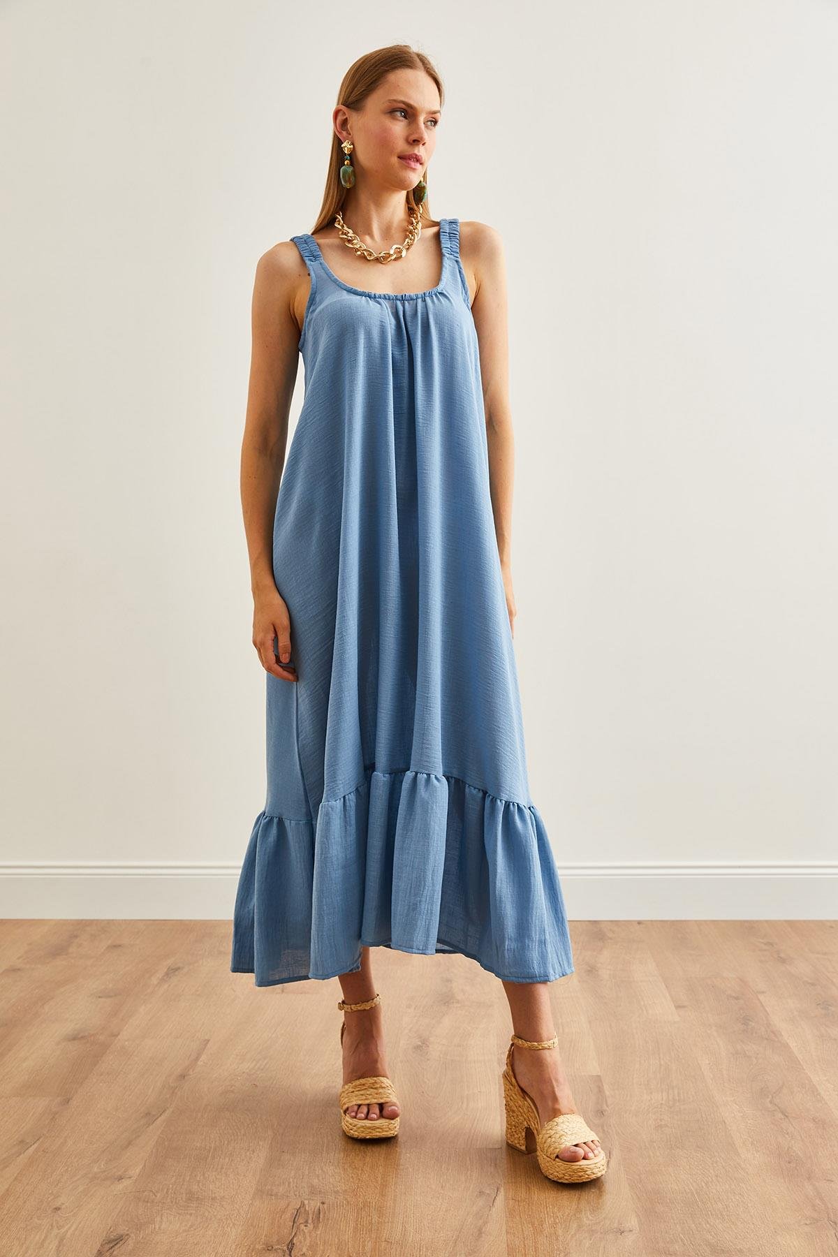 Askılı Oversize Maxi Dokuma Elbise Mavi