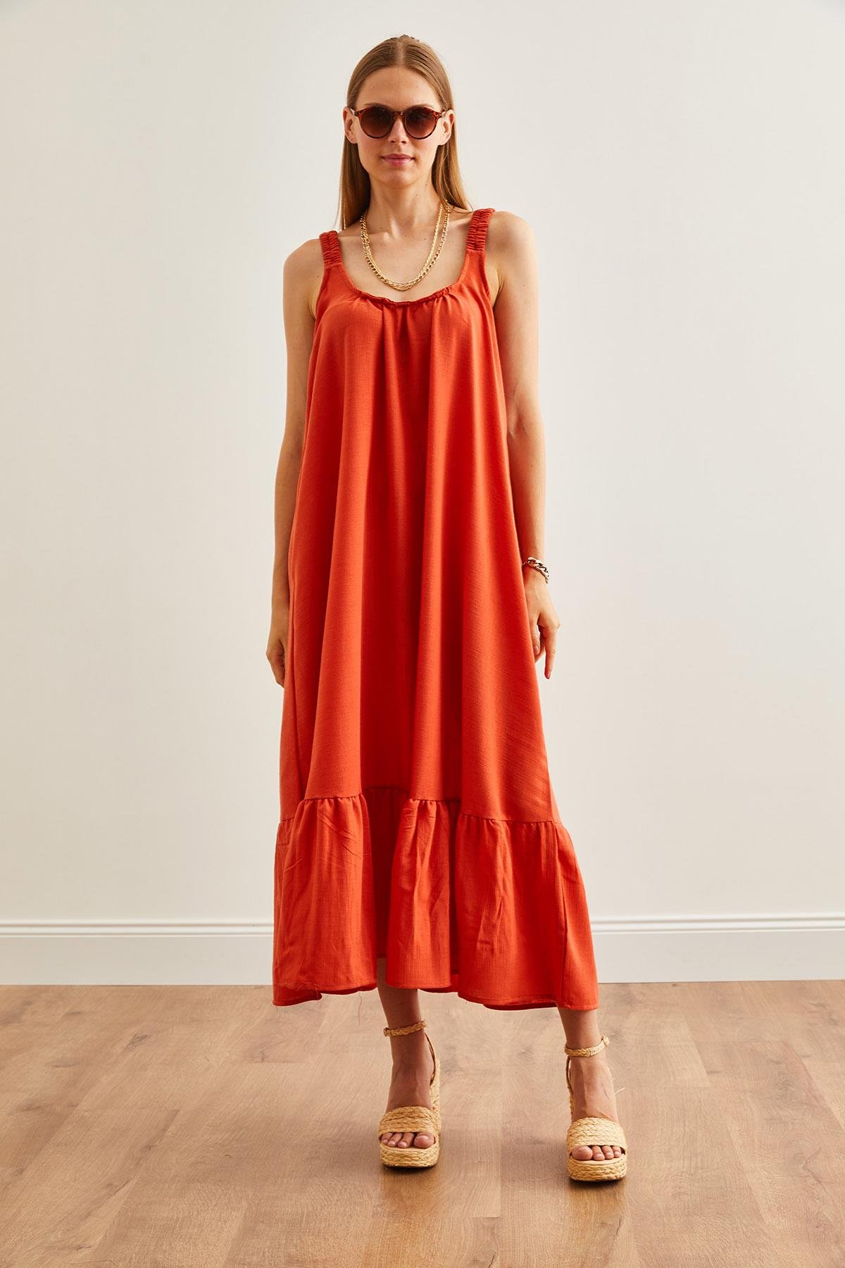 Askılı Oversize Maxi Dokuma Elbise Turuncu