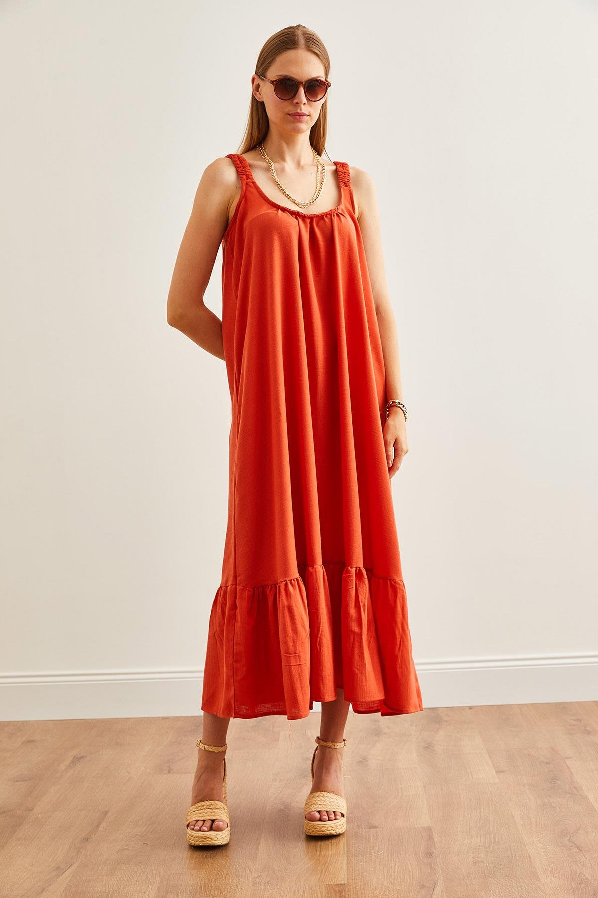 Askılı Oversize Maxi Dokuma Elbise Turuncu