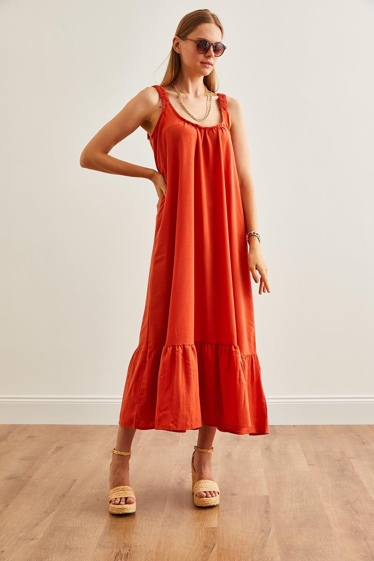Askılı Oversize Maxi Dokuma Elbise Turuncu