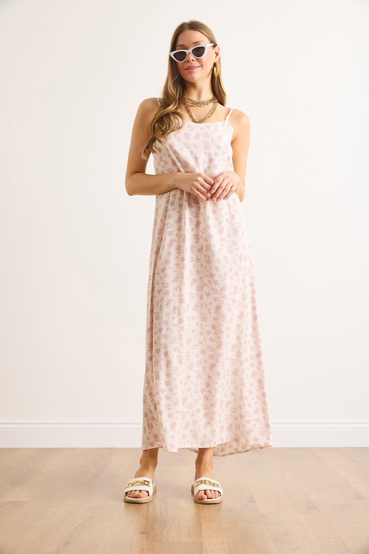 Askısı Ayarlanabilir Maksi Viskon Elbise Ekru