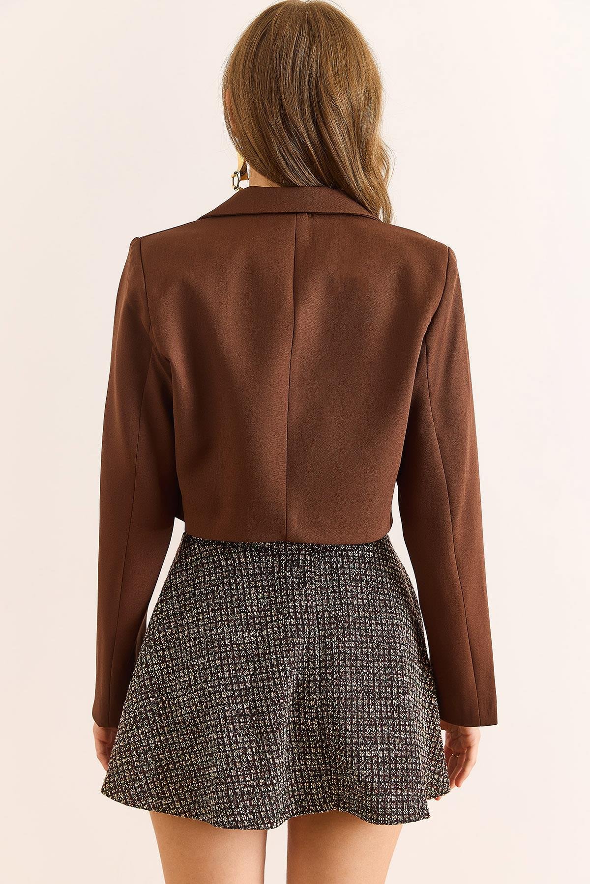 Astarlı Bağcık Detaylı Crop Blazer Ceket Kahverengi