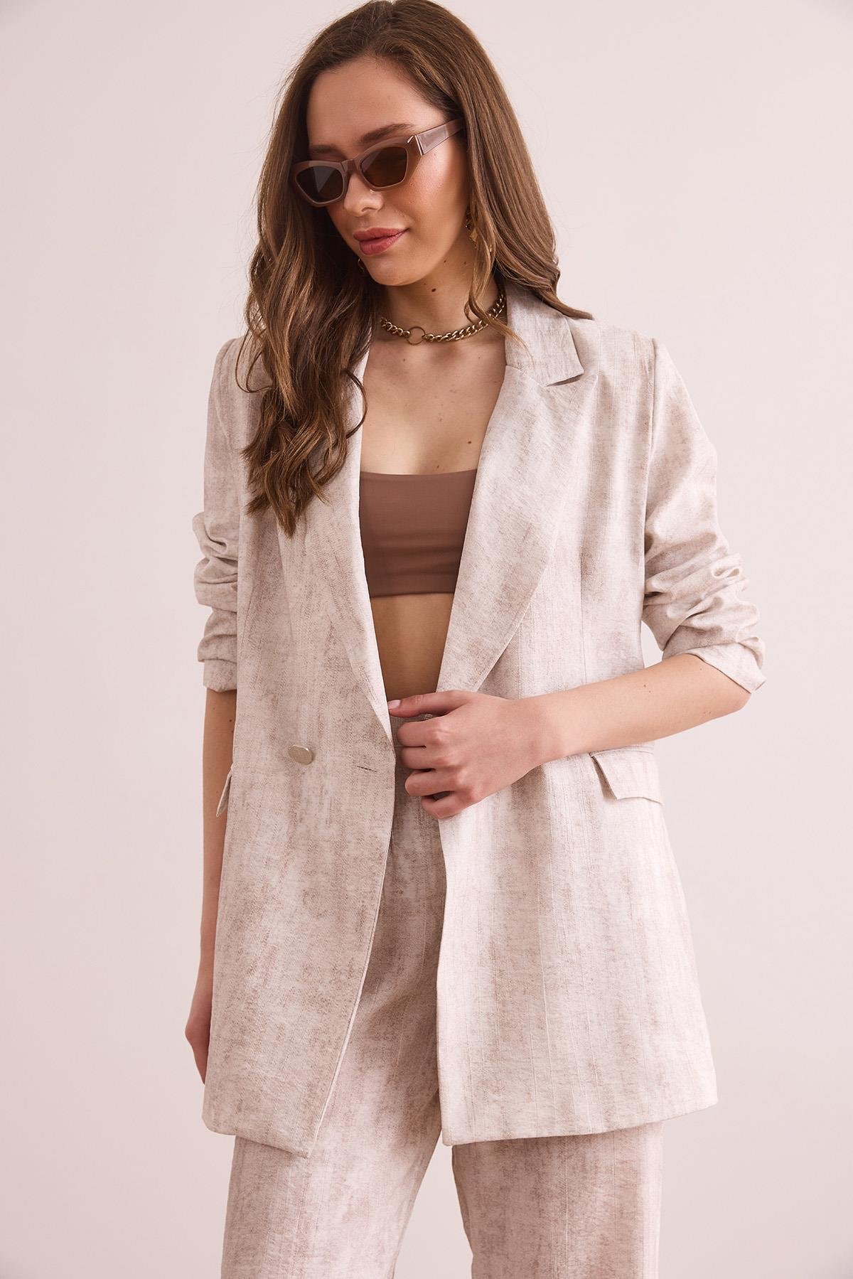 Astarlı Batik Oversize Blazer Ceket Taş