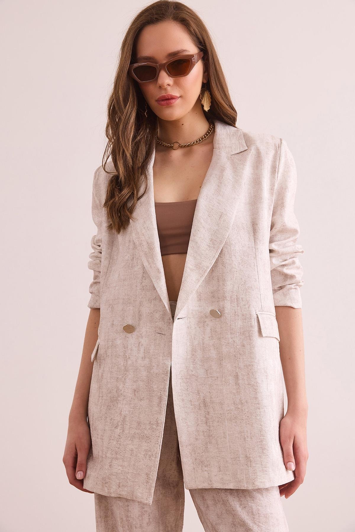 Astarlı Batik Oversize Blazer Ceket Taş