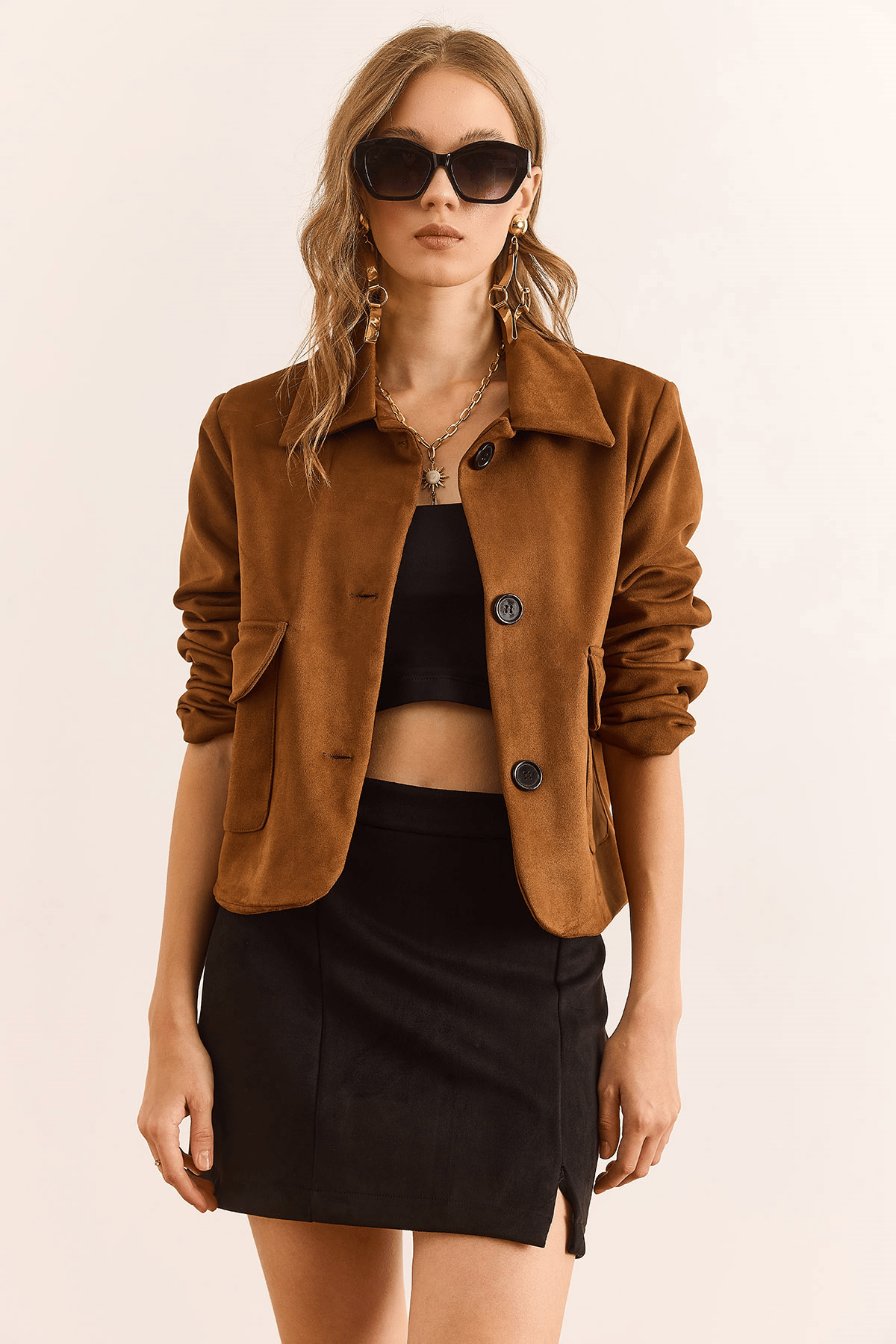 Astarlı Cepli Crop Süet Ceket Taba